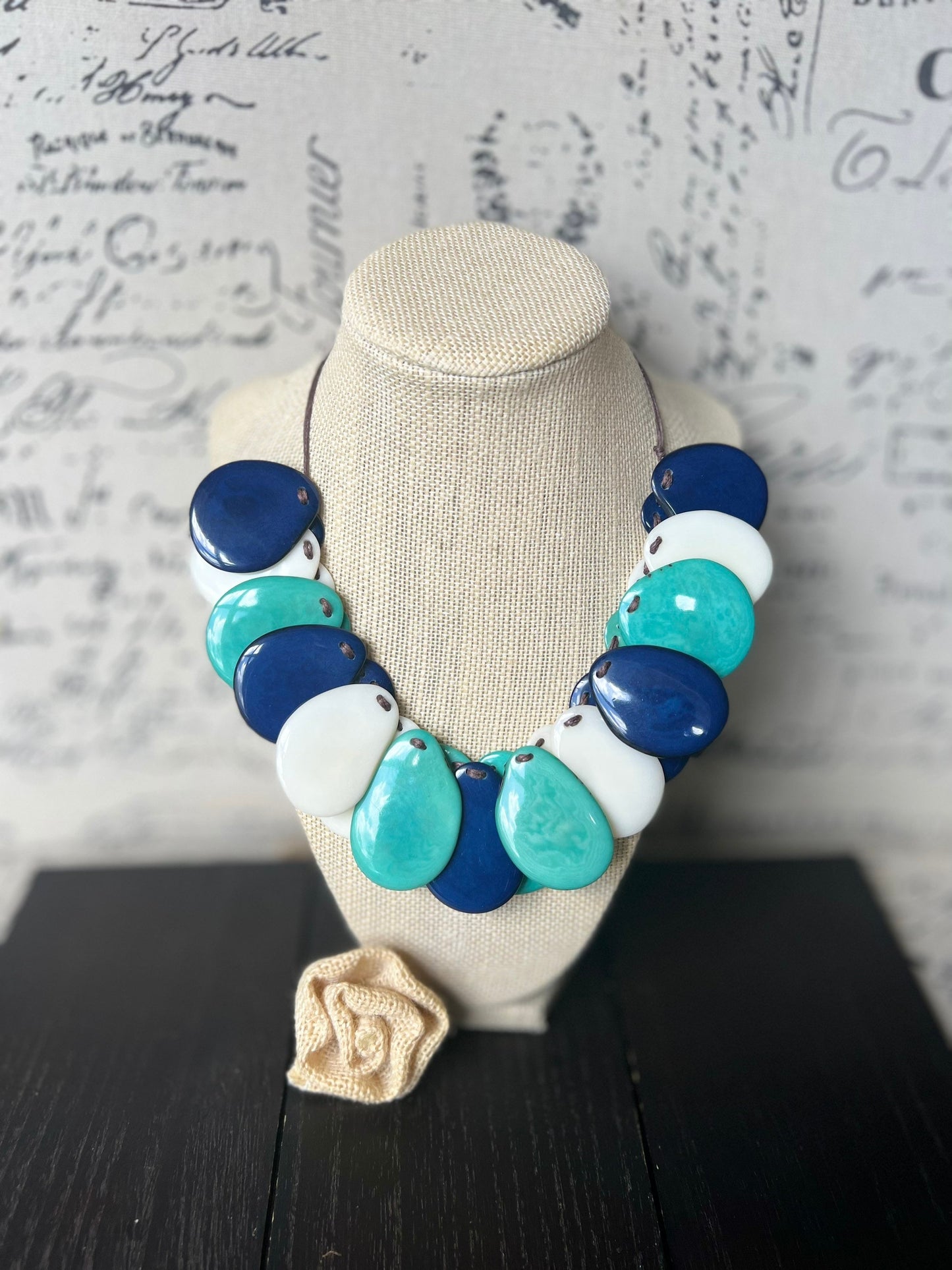 Turquoise Blue and White Tagua Statement Necklace: Adjustable Artsy Beaded Bib, Adjustable cord
