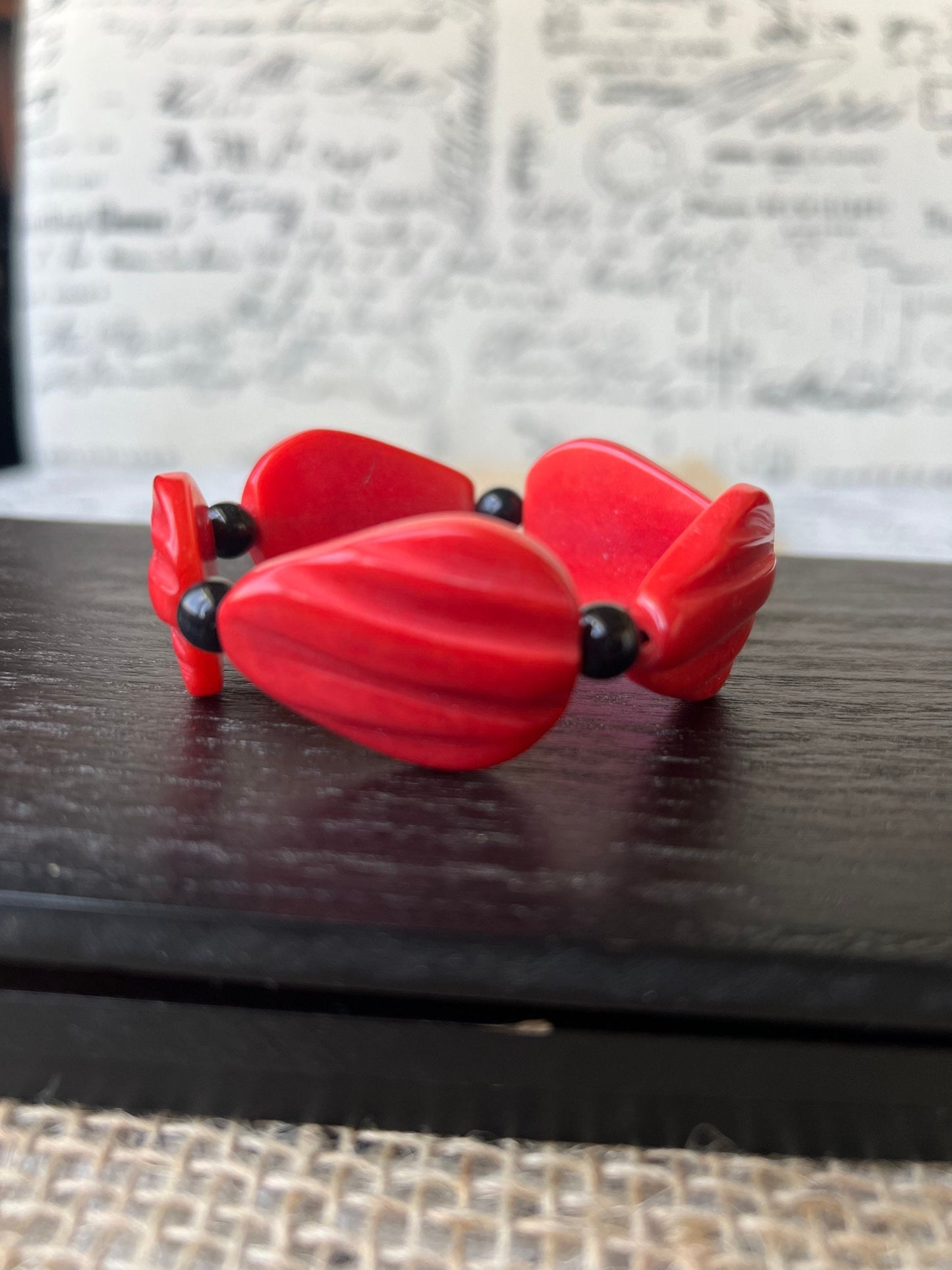 Red beaded bracelet Elastic stretch bangle with black bead accents Tagua nut jewelry Wide cuff bracelet Wearable art Summer fashion