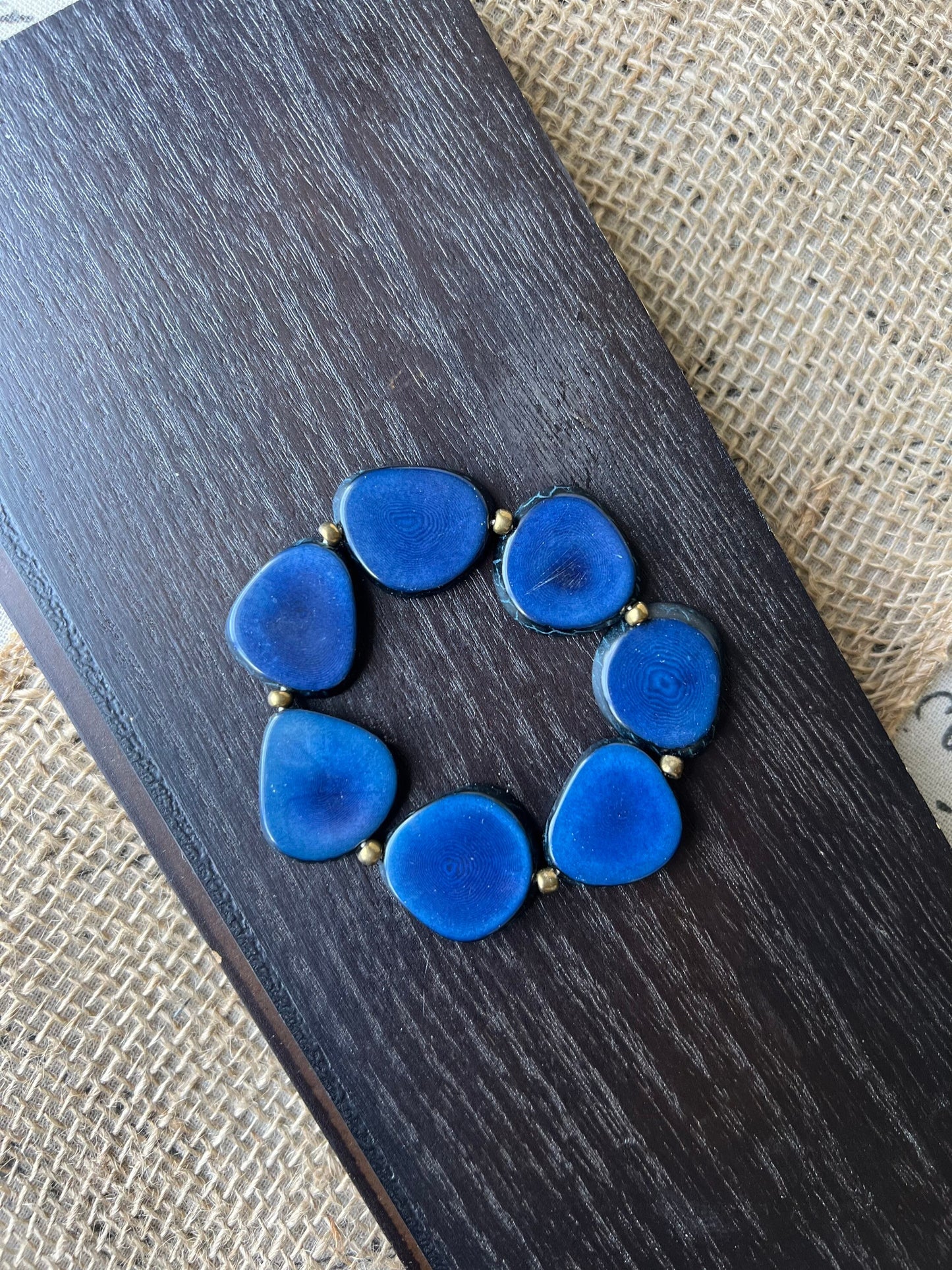 Blue fashion bracelet Tagua jewelry Summer fashion trends Beaded stretch bracelets for women Statement bangle Geometric beads Wearable art