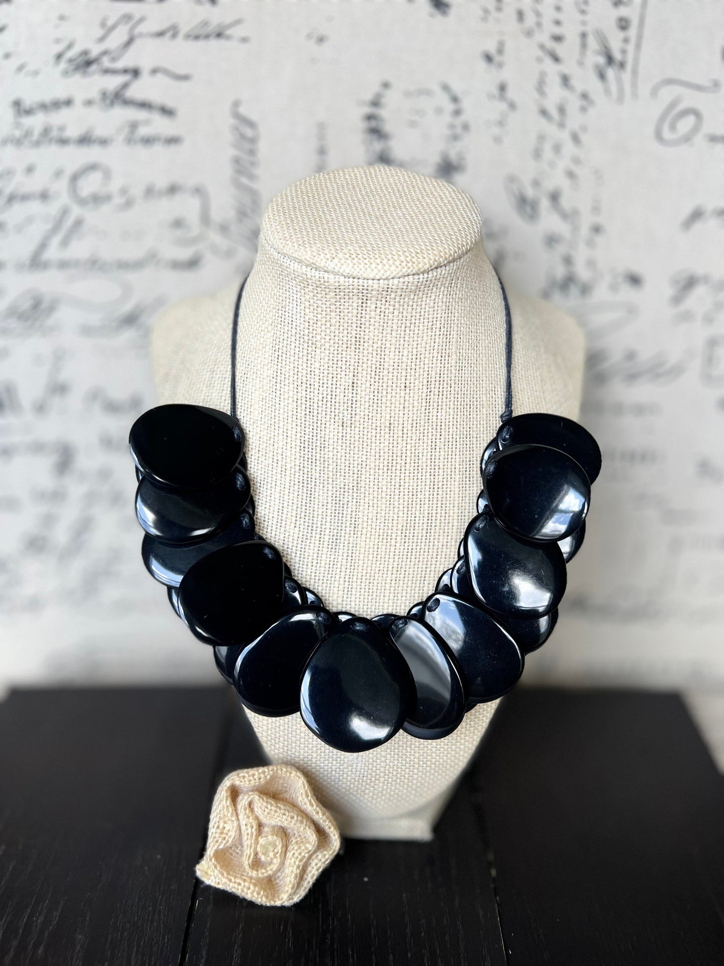 Black statement necklaceAdjustable cord Tagua necklace Mothers day gifts Wearable art Big bold necklace Art to wear Handmade beaded necklace