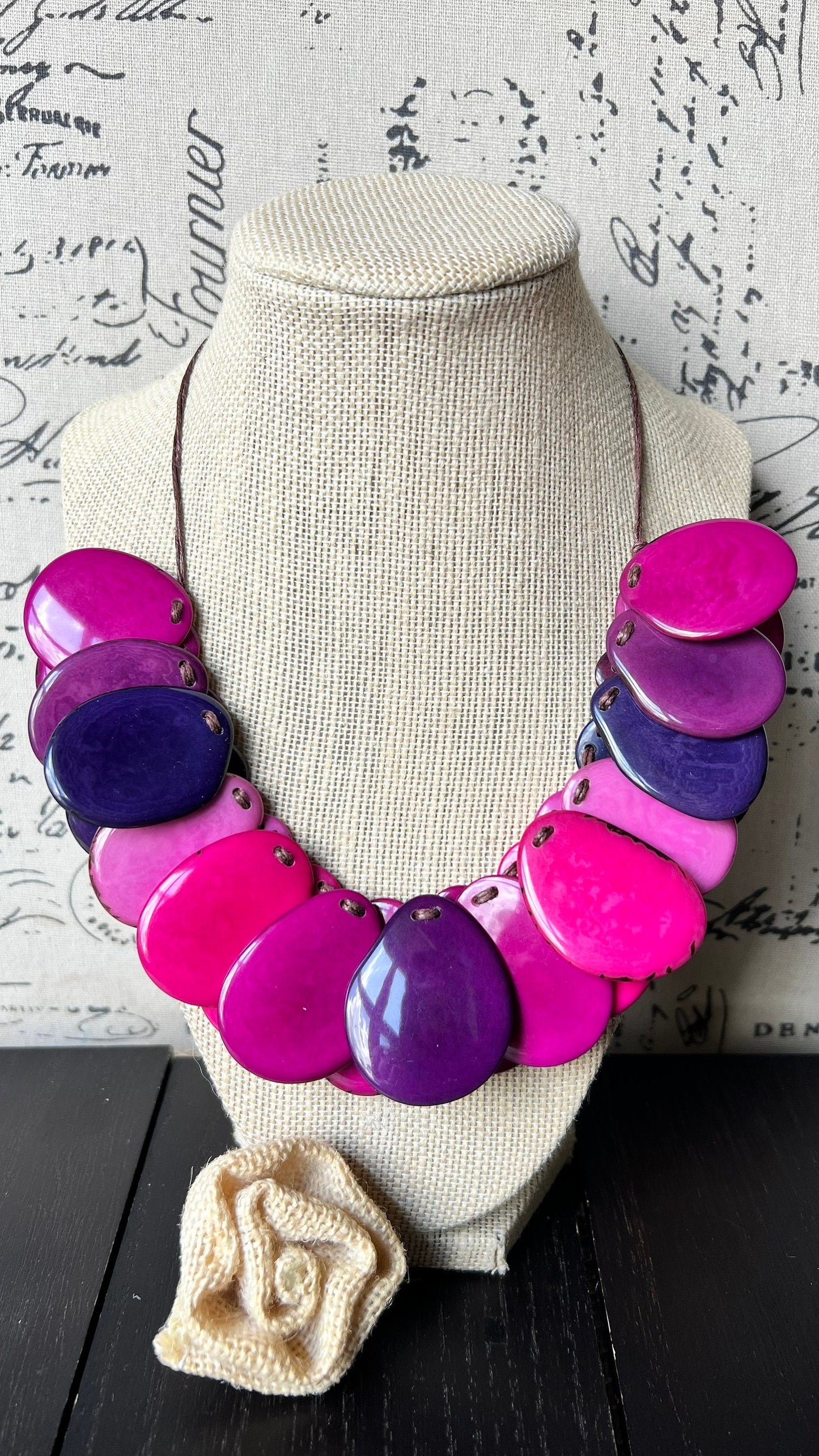Pink and Purple statement necklace Adjustable cord Tagua jewelry Wearable art Mothers day gifts Art to wear Handmade beaded necklace