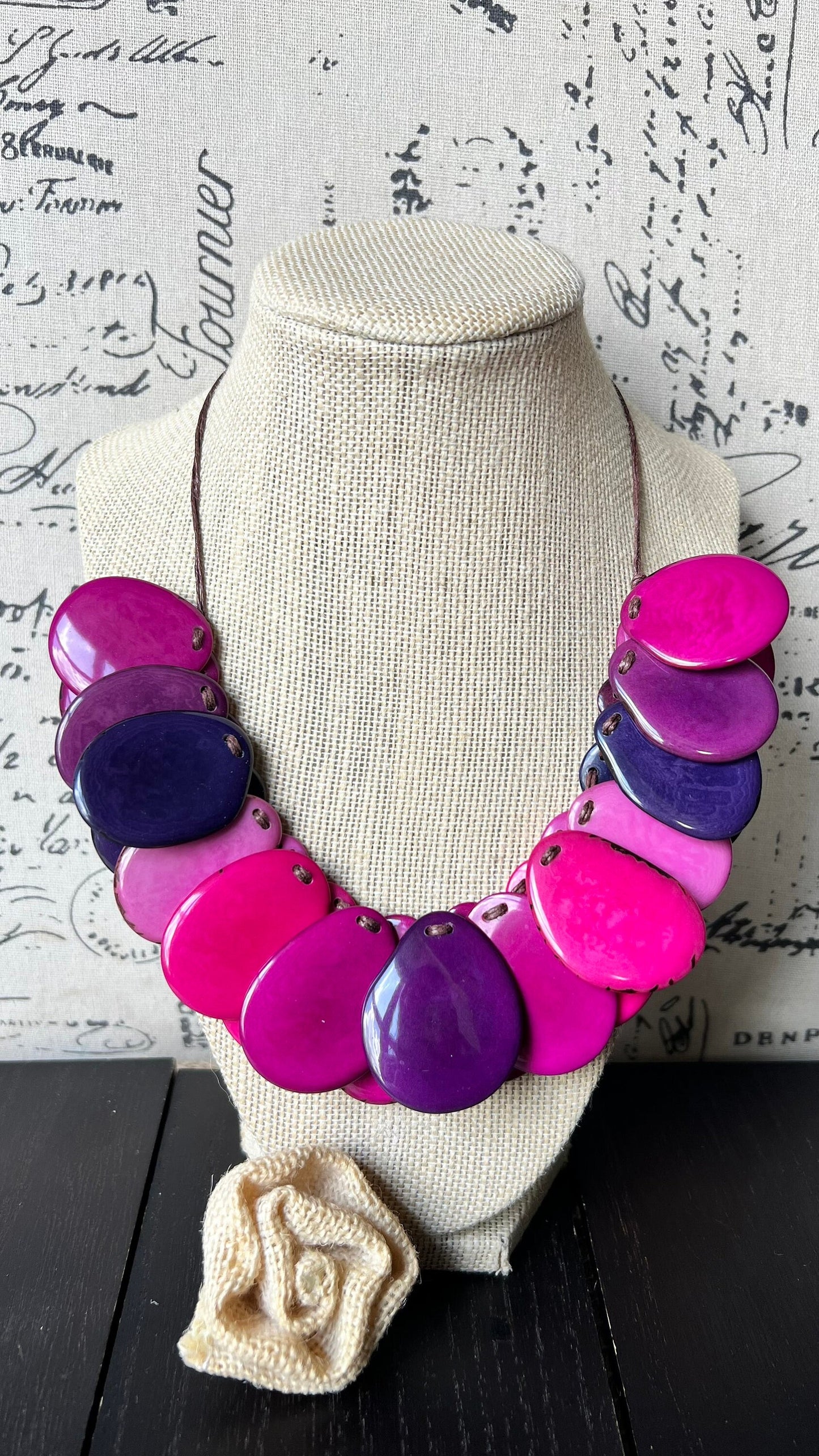 Pink and Purple statement necklace Adjustable cord Tagua jewelry Wearable art Mothers day gifts Art to wear Handmade beaded necklace