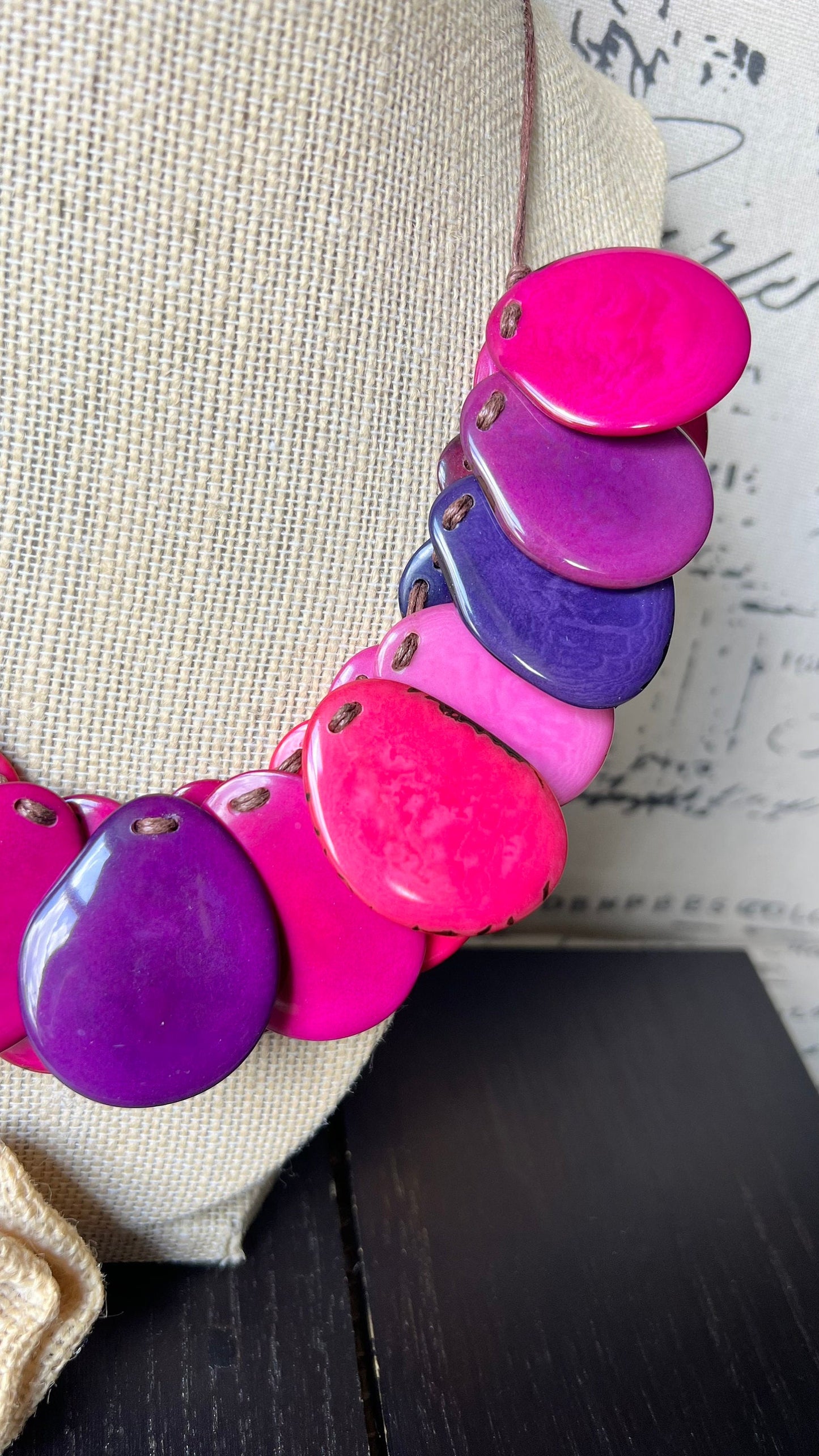 Pink and Purple statement necklace Adjustable cord Tagua jewelry Wearable art Mothers day gifts Art to wear Handmade beaded necklace