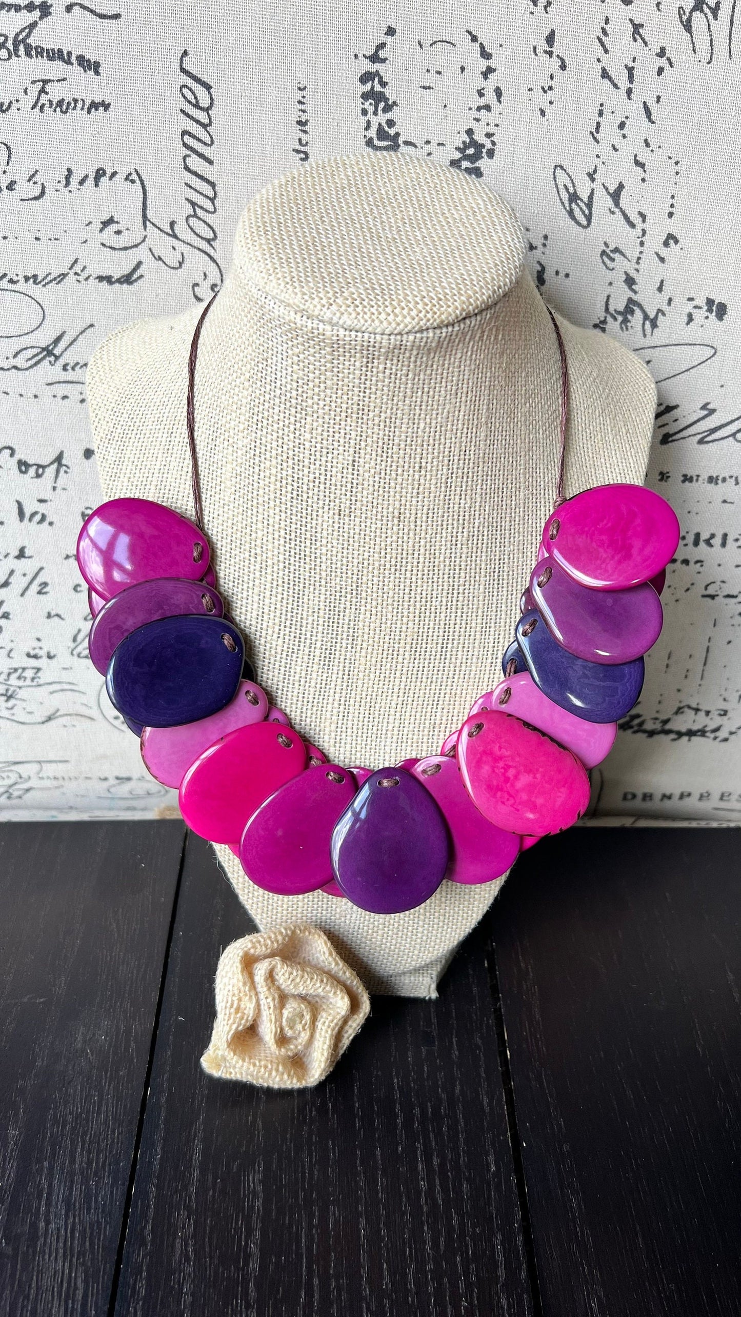Pink and Purple statement necklace Adjustable cord Tagua jewelry Wearable art Fall fashion 2025s Art to wear Handmade beaded necklace