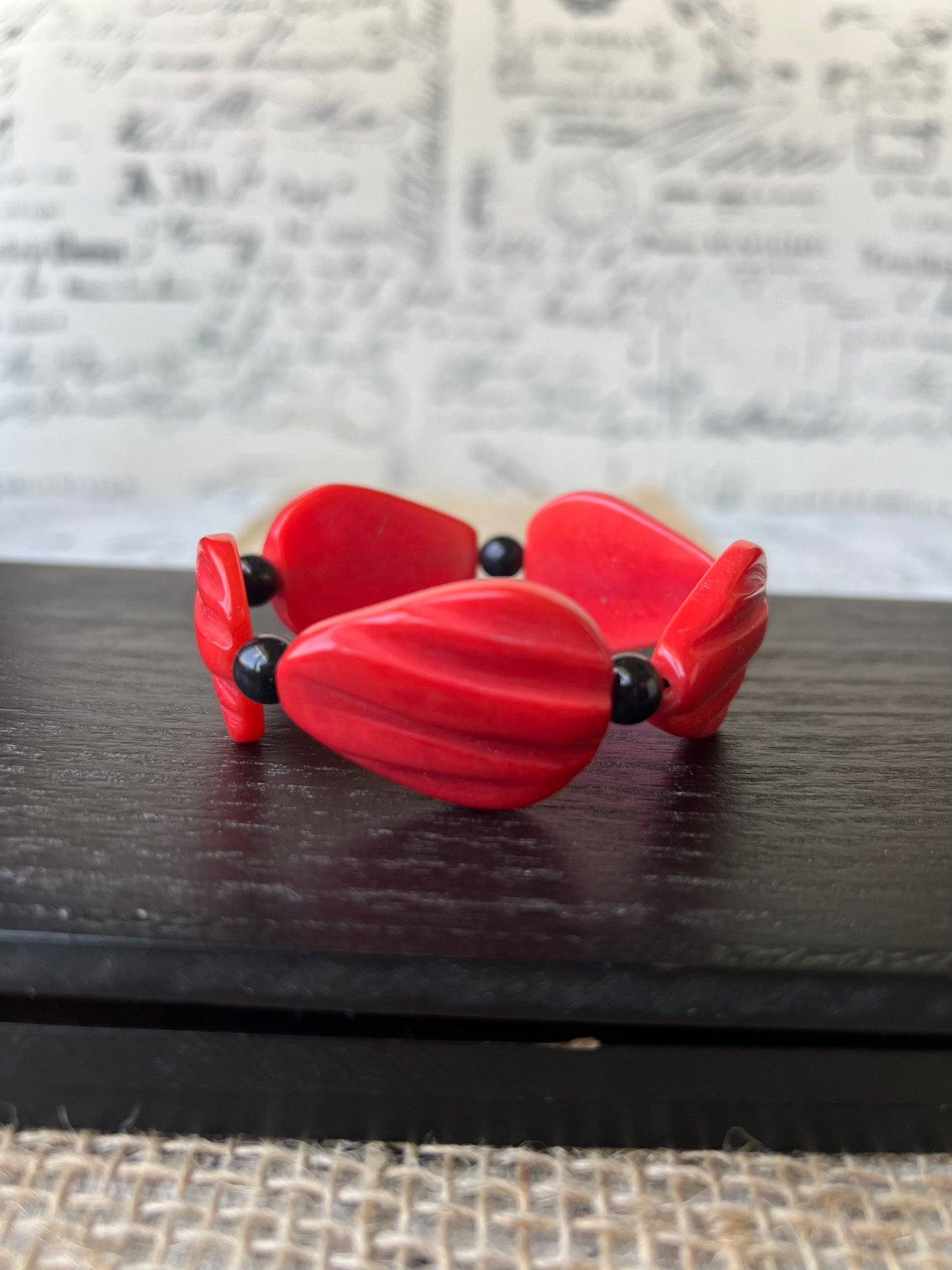 Red beaded bracelet Elastic stretch bangle with black bead accents Tagua nut jewelry Wide cuff bracelet Wearable art Summer fashion
