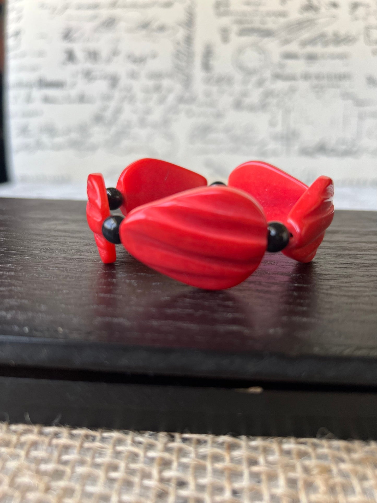 Red beaded bracelet Elastic stretch bangle with black bead accents Tagua nut jewelry Wide cuff bracelet Wearable art Summer fashion