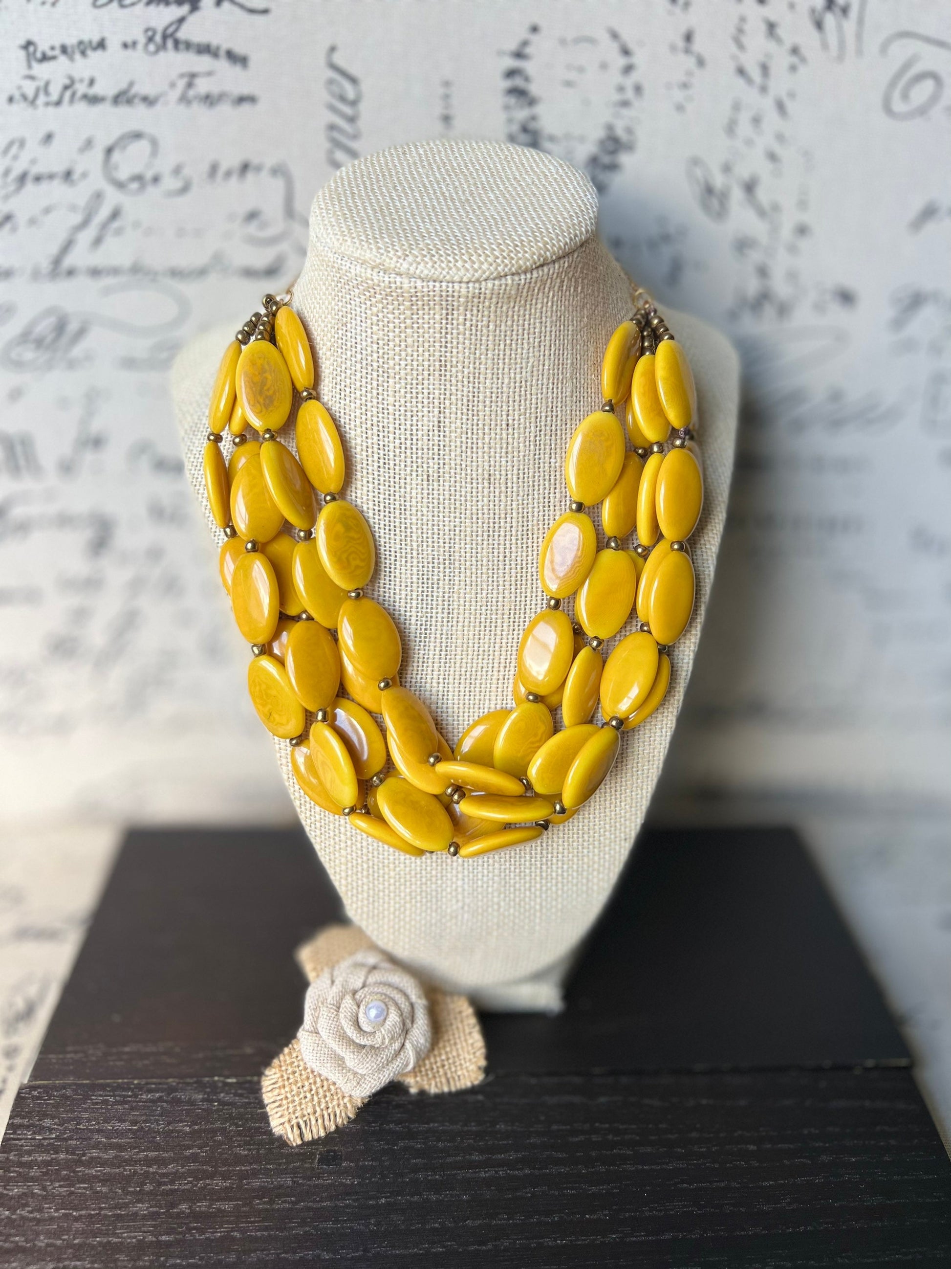Yellow fashion multi strand necklace Statement beaded bib necklace for women Tagua nut necklace Lightweight with gold chain Big bold chunky