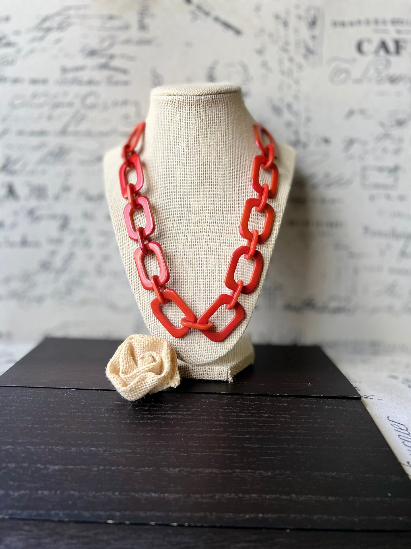 Burnt orange chunky chain link necklace Tagua jewelry Oversized beaded collar Geometric statement necklace Fall fashion trends Beach style