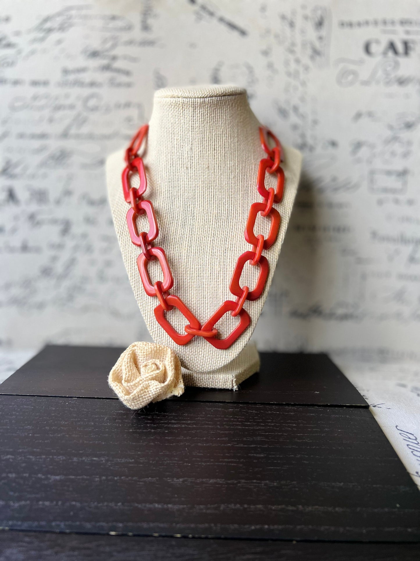Burnt orange chunky chain link necklace Tagua jewelry Oversized beaded collar Geometric statement necklace Fall fashion trends Beach style