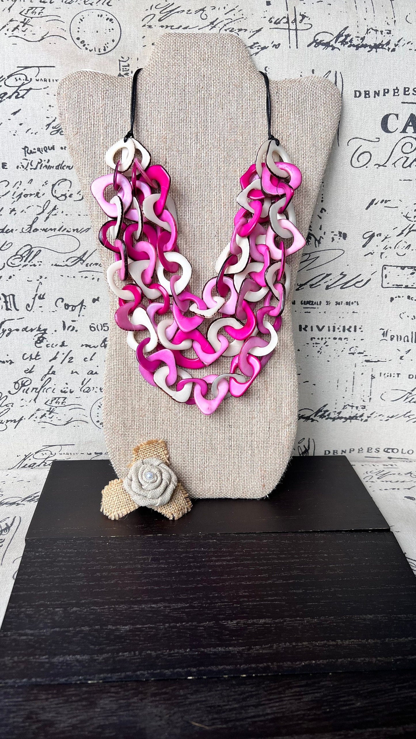 Pink and White necklace Big bold necklaces Tagua jewelry Spring fashion trends Wearable art Adjustable cord Mothers day gifts Art to wear