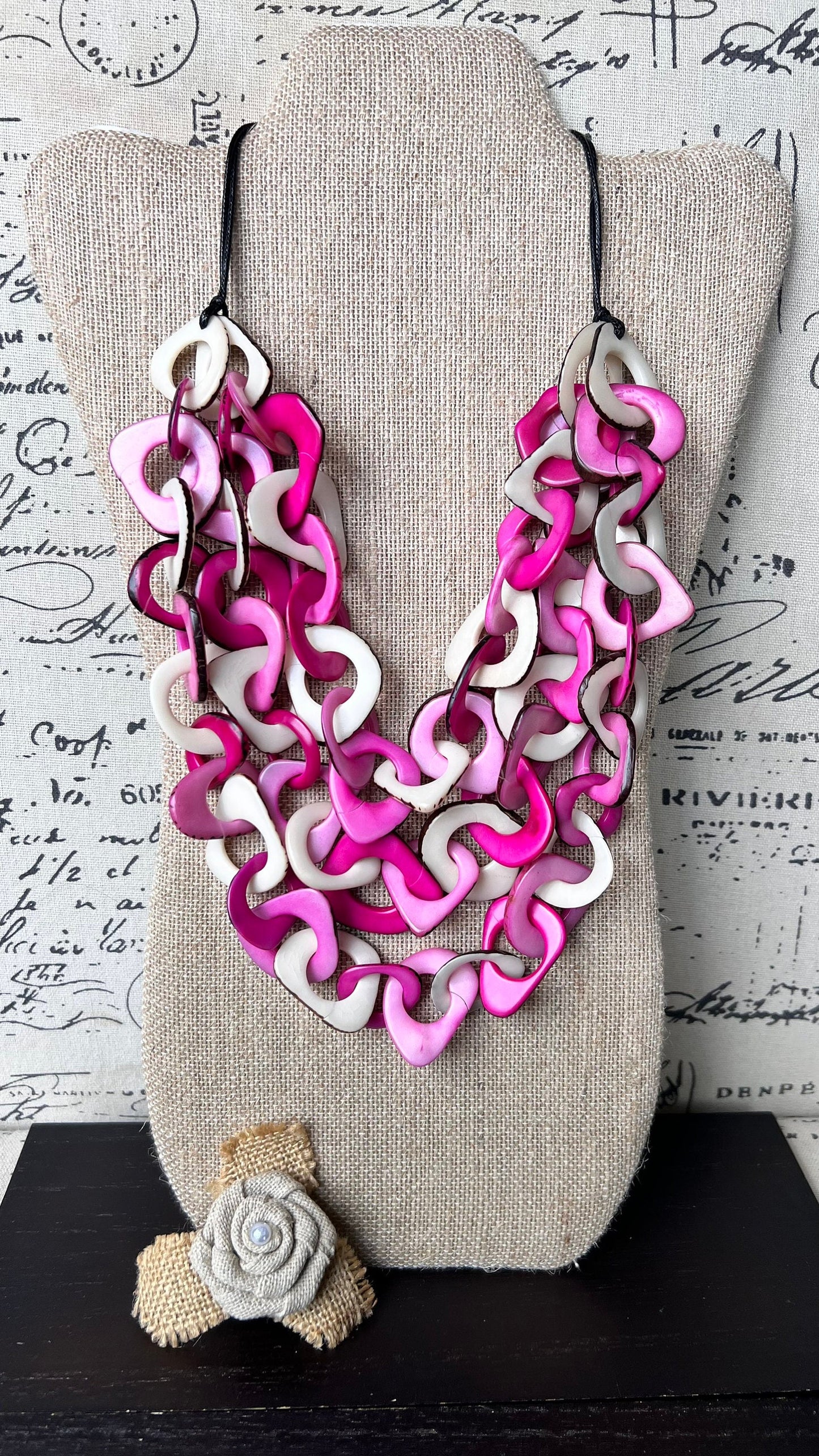 Pink and White necklace Big bold necklaces Tagua jewelry Spring fashion trends Wearable art Adjustable cord Mothers day gifts Art to wear