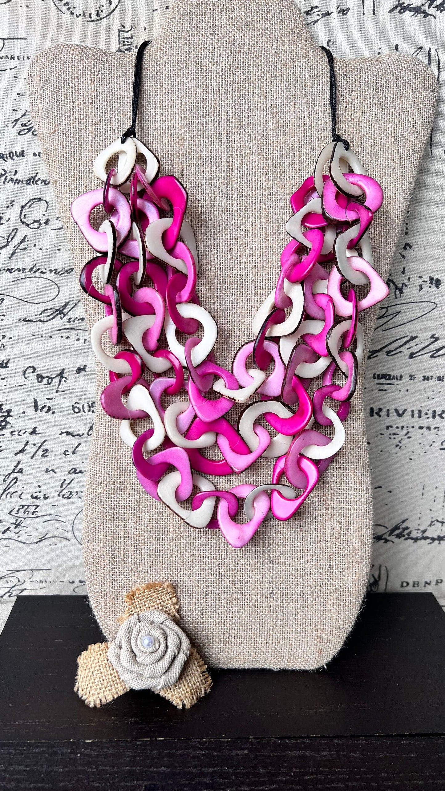 Pink and White necklace Big bold necklaces Tagua jewelry Spring fashion trends Wearable art Adjustable cord Mothers day gifts Art to wear