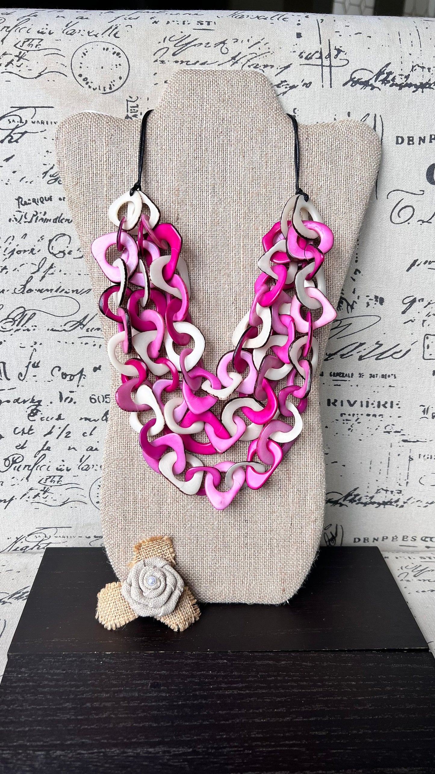 Pink and White necklace Big bold necklaces Tagua jewelry Fall fashion trends Wearable art Adjustable cord Fall fashion 2025s Art to wear