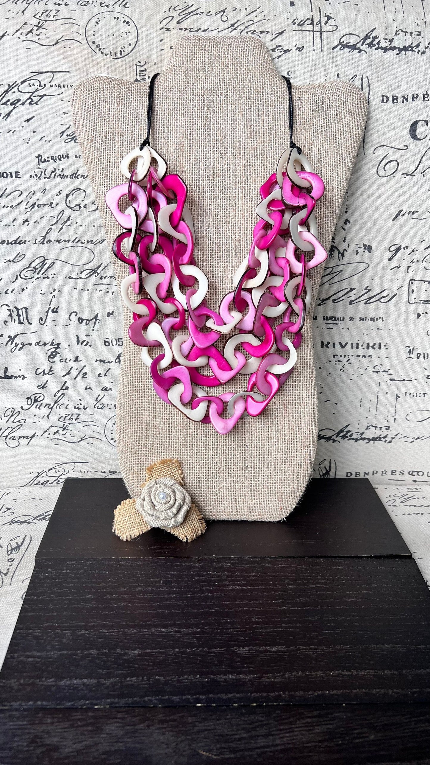 Pink and White necklace Big bold necklaces Tagua jewelry Spring fashion trends Wearable art Adjustable cord Mothers day gifts Art to wear