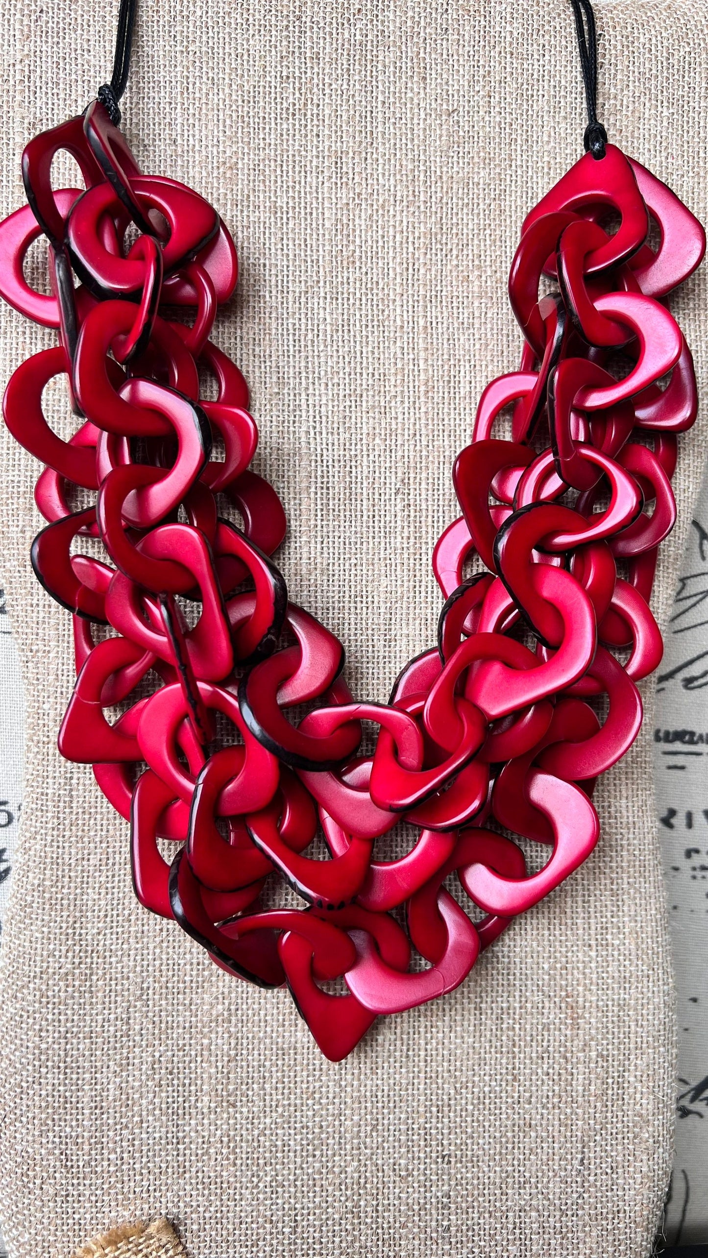 Red statement necklace Tagua jewelry Chunky funky necklaces Waterfall necklace Wearable art Multi layer necklace Chain link necklace