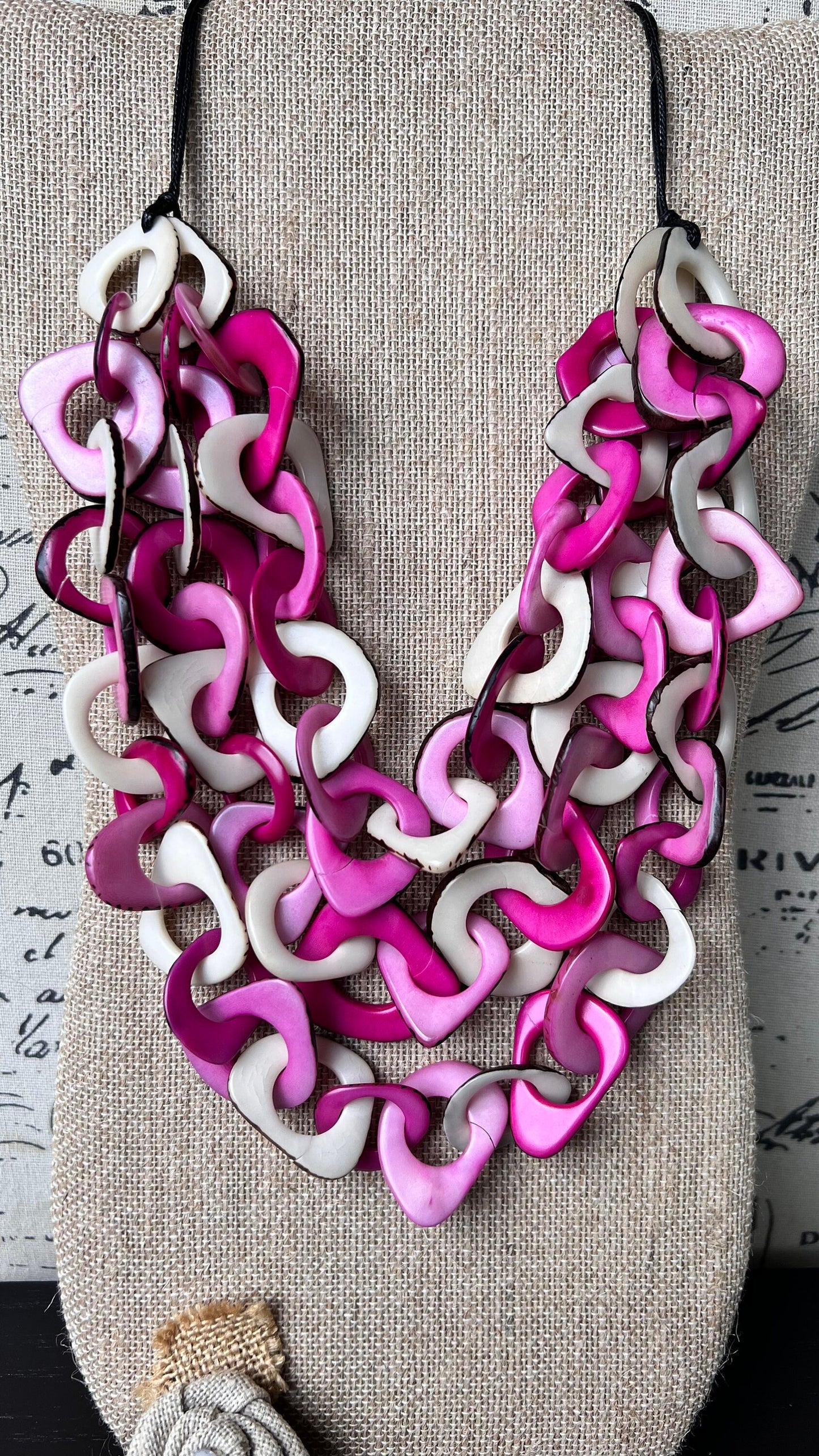 Pink and White necklace Big bold necklaces Tagua jewelry Spring fashion trends Wearable art Adjustable cord Mothers day gifts Art to wear