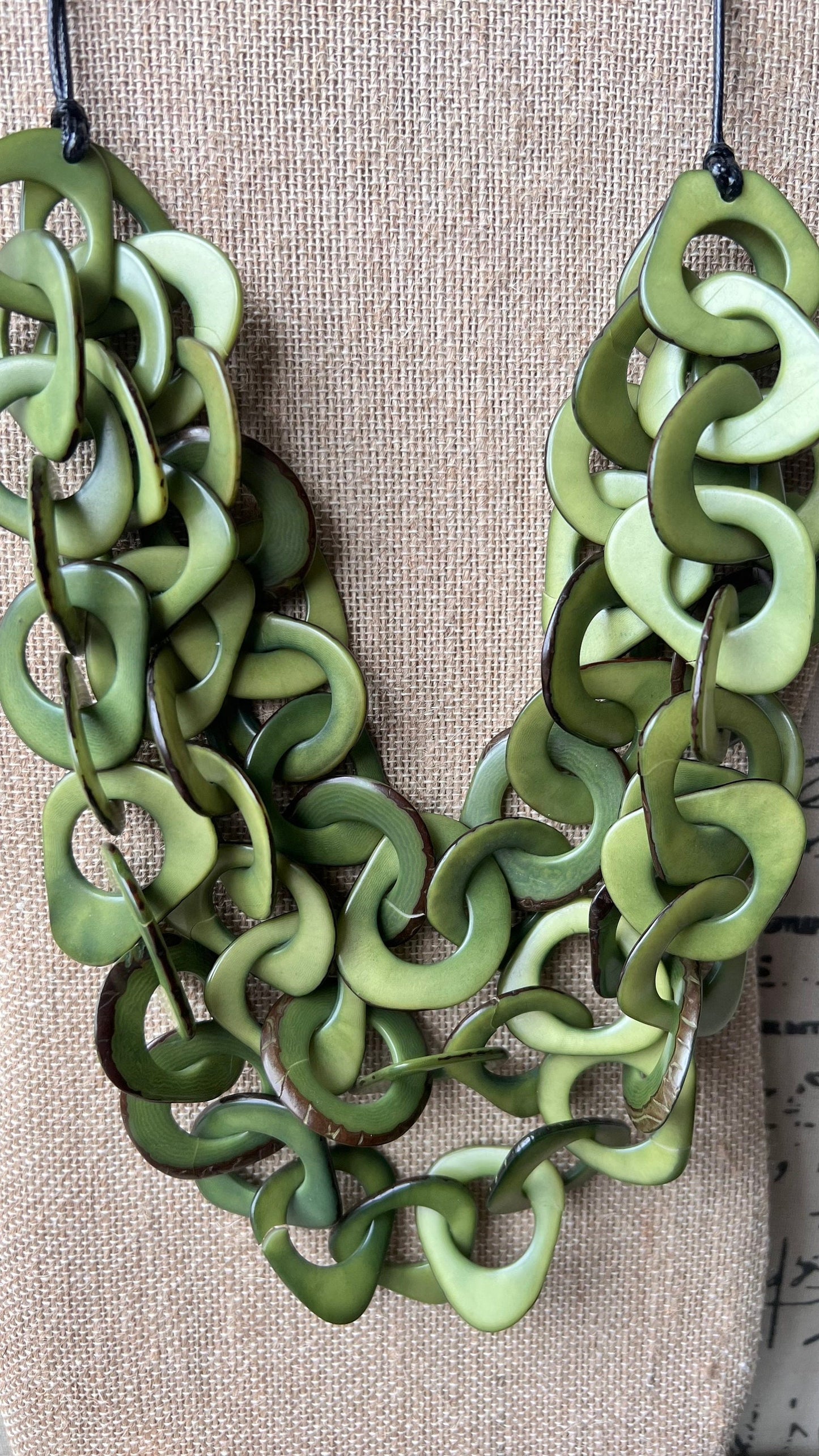 Olive green beaded necklace Tagua jewelry Fall fashion 2025 Adjustable cord Big bold chunky necklaces Statement multi layer Wearable art
