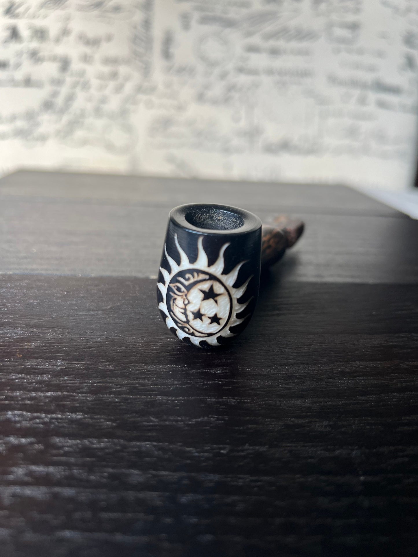 Sun moon stars smoking pipe Handcrafted smoking bowl Tagua nut Unique tribal hand pipe Shamanic healing tools Hippie style pipe Gift for her