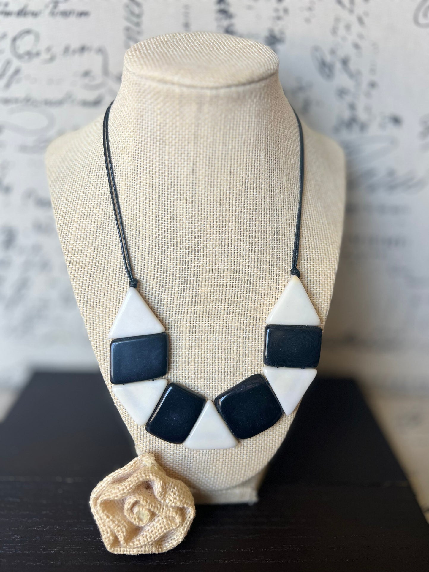 Black and white statement necklace Adjustable cord Tagua nut jewelry Artisan handmade Fall fashion Wearable art Simple bead necklace