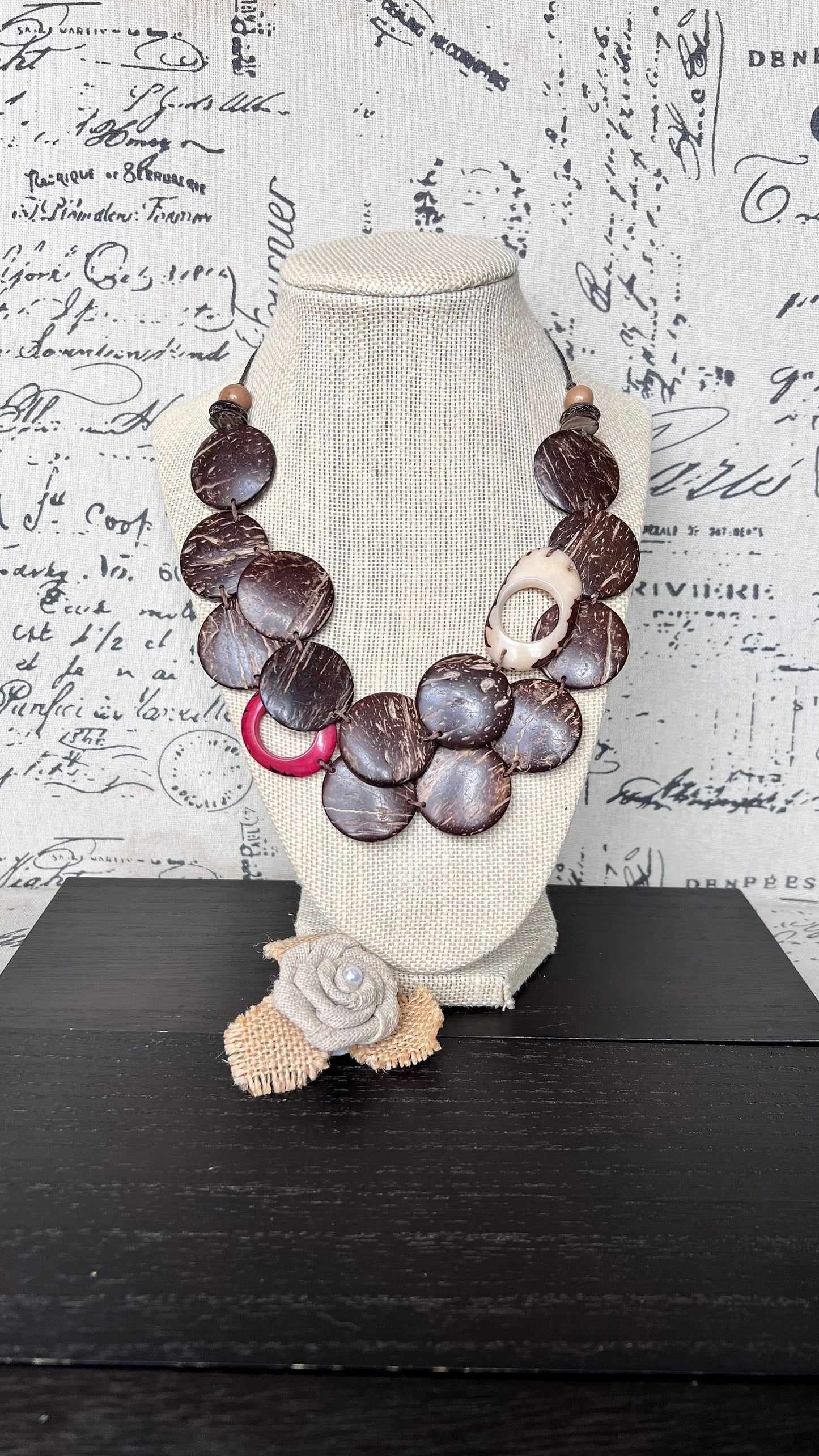 Brown statement necklace Tagua and coconut jewelry Adjustable cord Art to wear Sustainable fashion Artisan handmade necklace Cruise wear