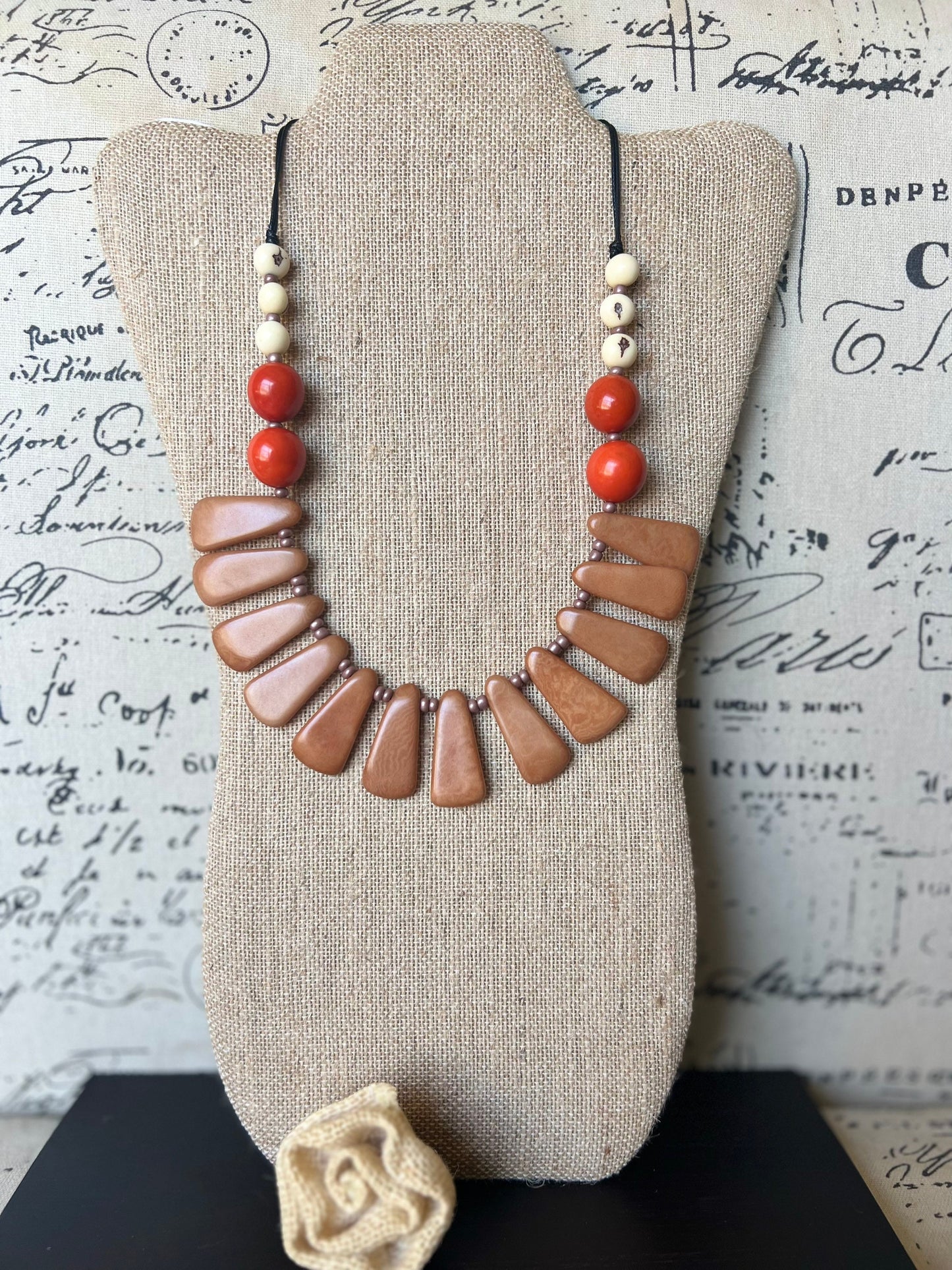 Brown statement adjustable necklace Tagua jewelry Fall fashion 2025s Big bold necklaces Wearable art Handmade beaded necklace Artsy gifts