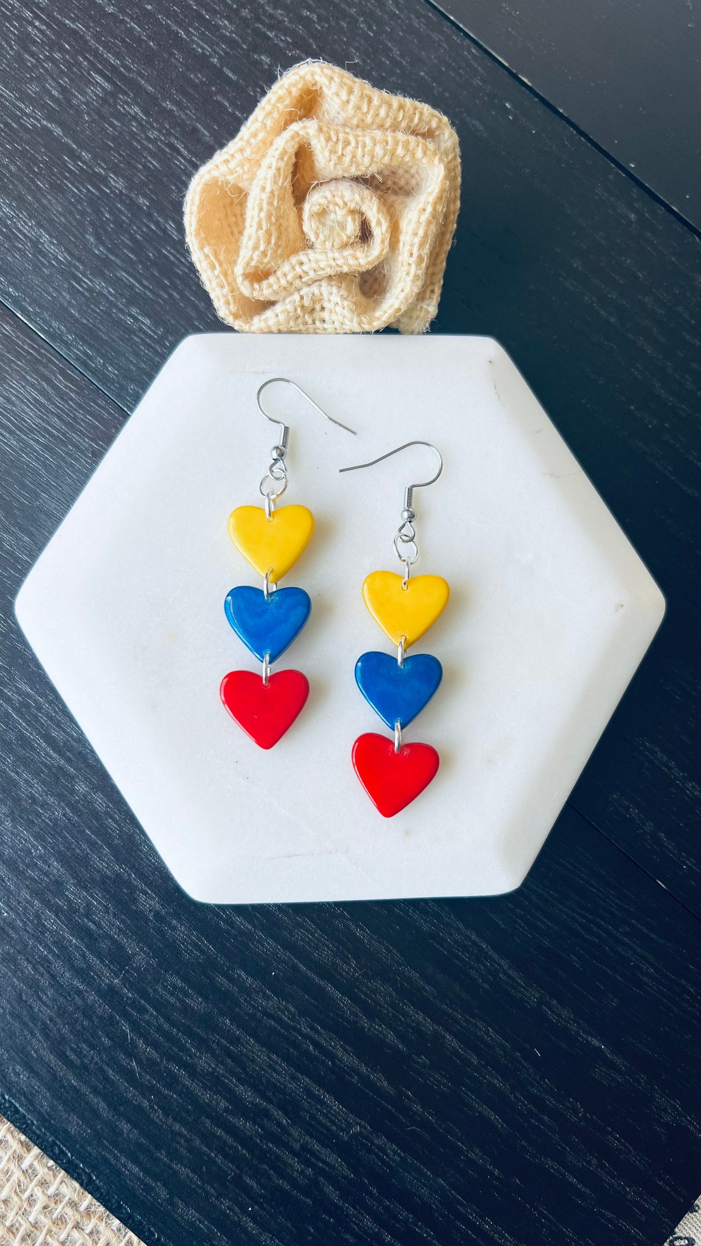 Colombia flag earrings Yellow blue and red hearts statement earrings Tagua jewelry gifts Ecuador fashion Venezuela flag pride Hypoallergenic