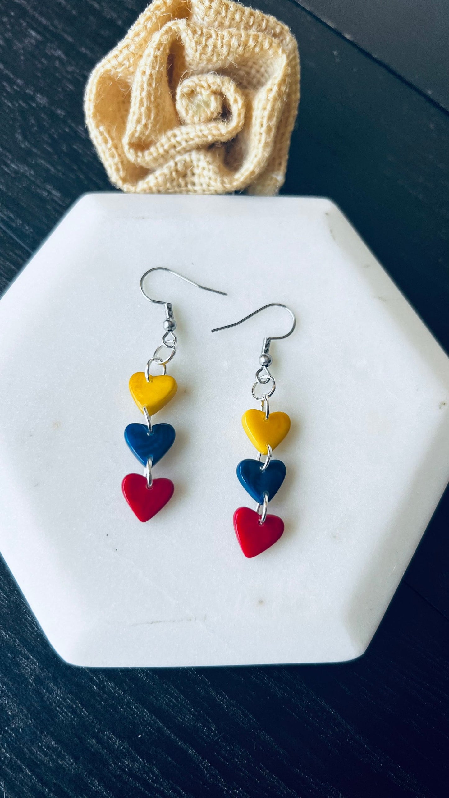 Ecuador flag earrings Dangle and drop earrings Tagua nut jewelry Waterfall earrings Gifts from Colombia Wearable art Venezuela pride