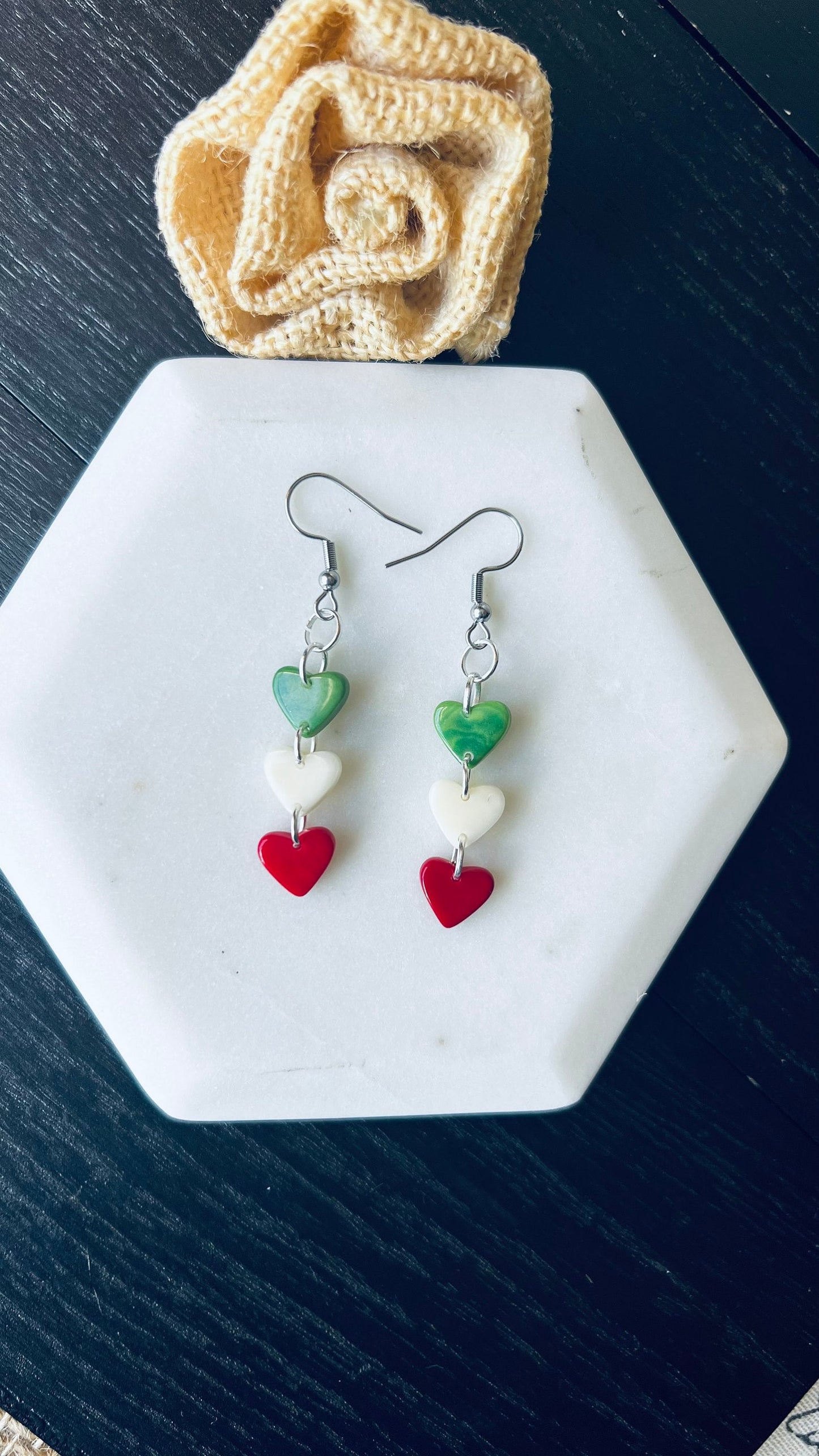 Italy flag earrings Red green and white heart shaped beads earrings Tagua jewelry Fall fashion Fall fashion 2025s Wearable art