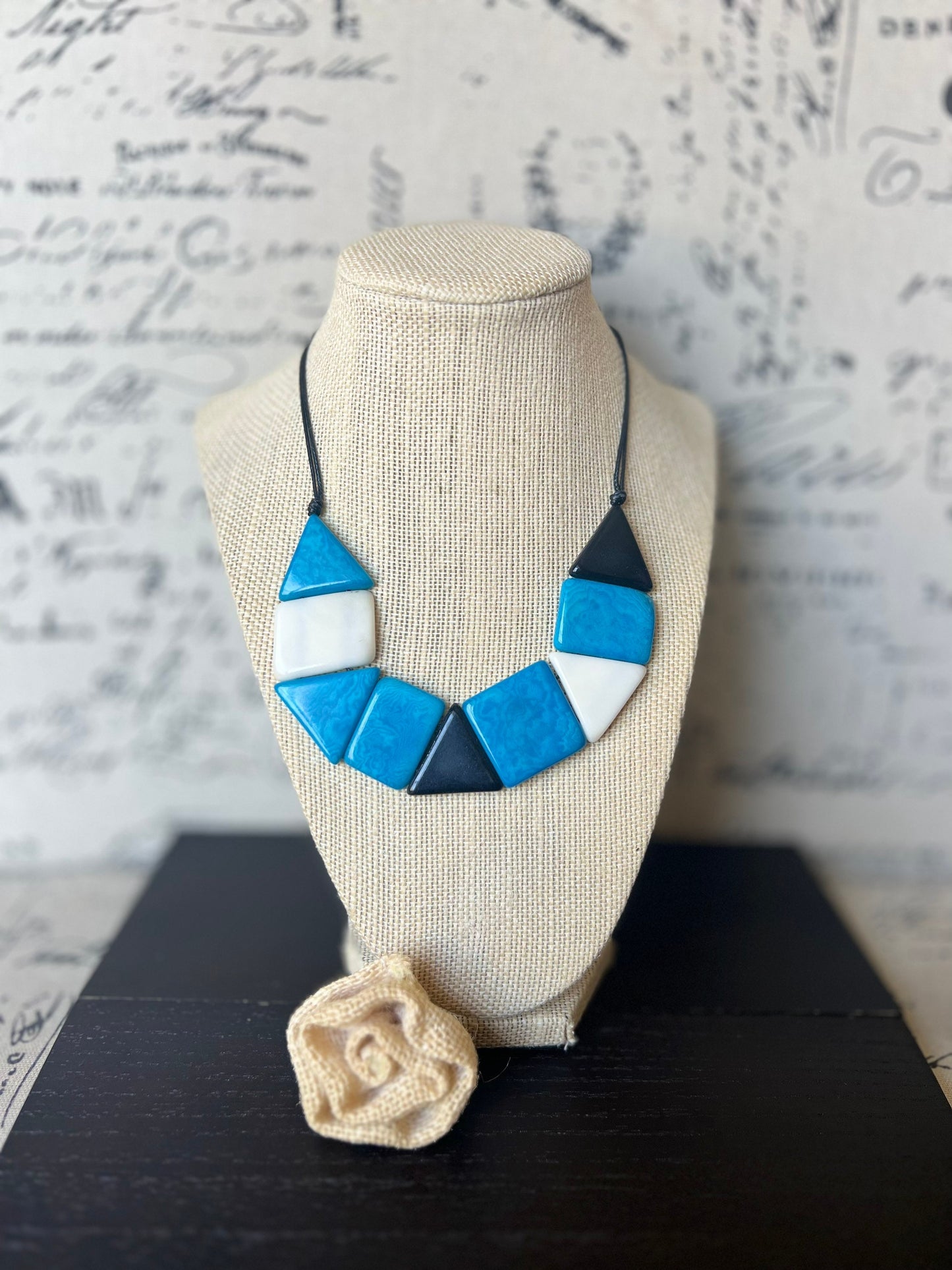 Turquoise blue and white beaded necklace Adjustable cord Tagua nut jewelry Fall fashion 2025 Artisan handmade necklace Wearable art