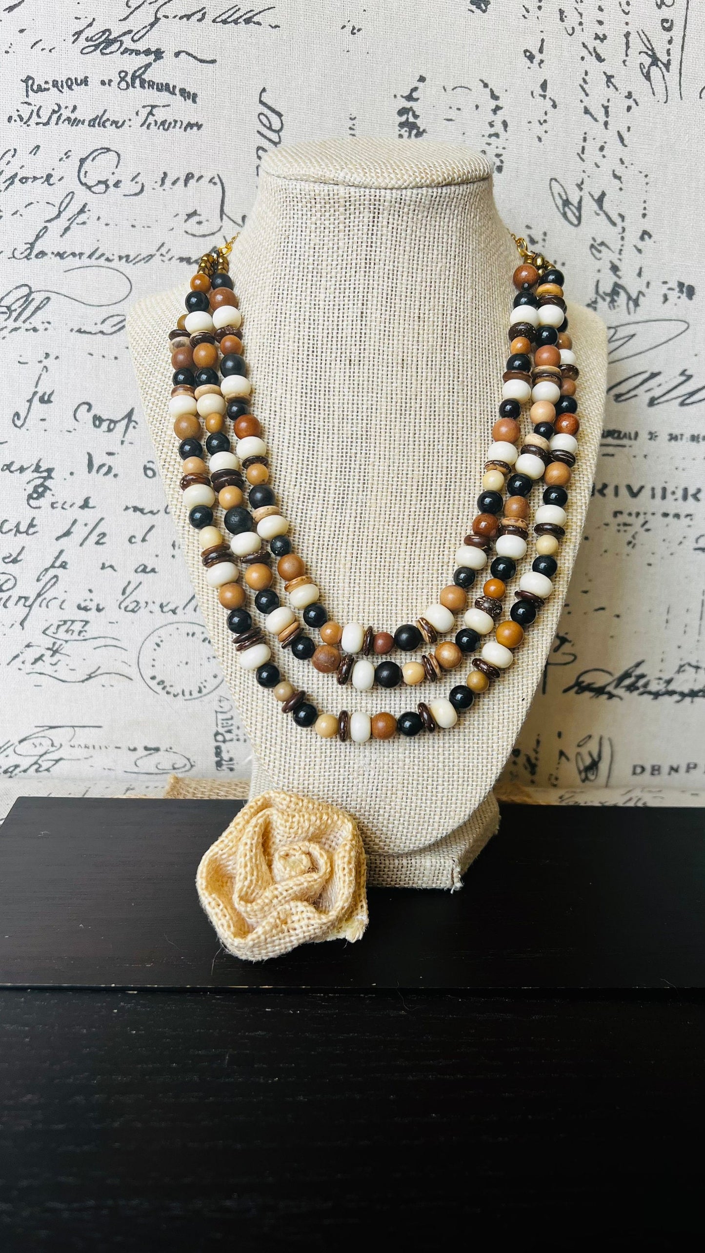 Brown white and black fashion multi strand necklace Mothers day gift Lightweight with gold chain Adjustable chain Tagua necklace Art to wear