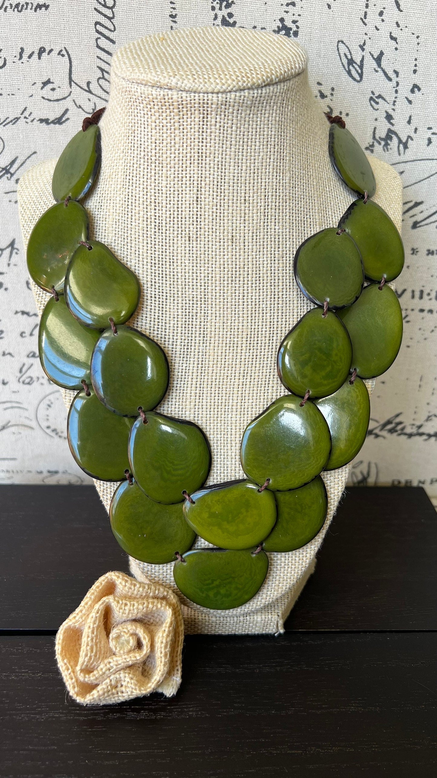 Olive green statement necklace Tagua jewelry Big bold chunky necklace Spring fashion trends Double layer bib Anniversary gift 2 two Strand