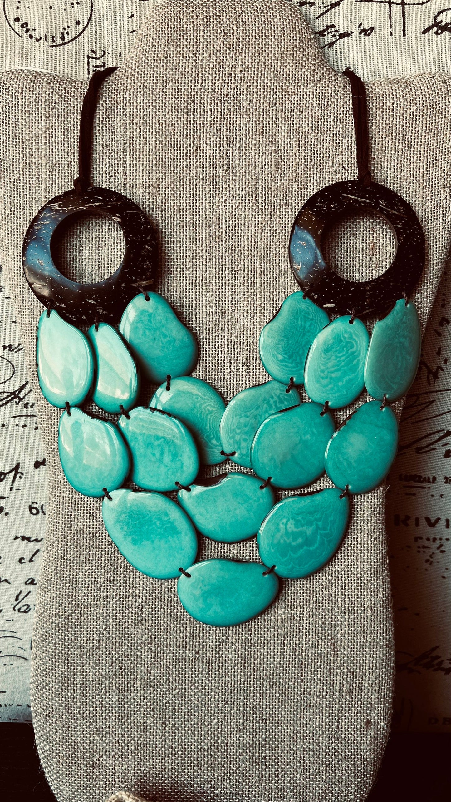 Turquoise green Tagua necklace with coconut shell accents Statement necklace Layered beaded bib with leather strap Big bold chunky necklace
