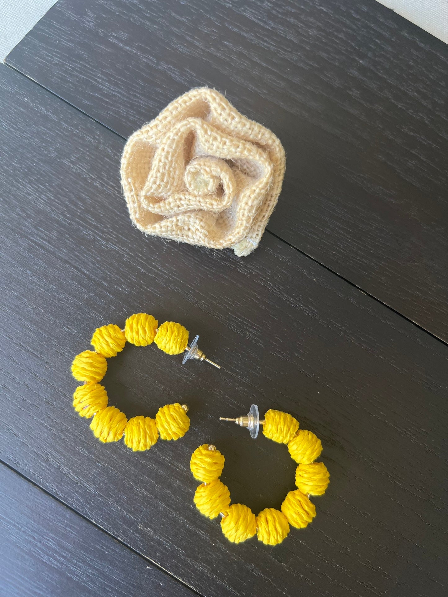 Yellow hoop earrings Statement rafia earrings Anniversary gift for wife Wearable art Fall fashion trends Hypoallergenic hoops Artsy gifts