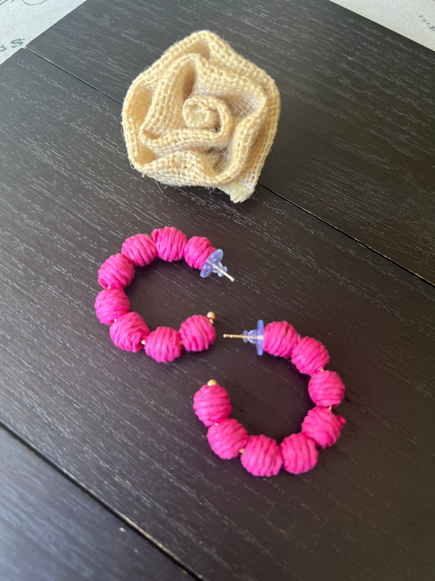 Pink hoop earrings Statement rafia earrings Anniversary gift for wife Artsy gifts Fall fashion Wearable art Cruise wear Beach outfit