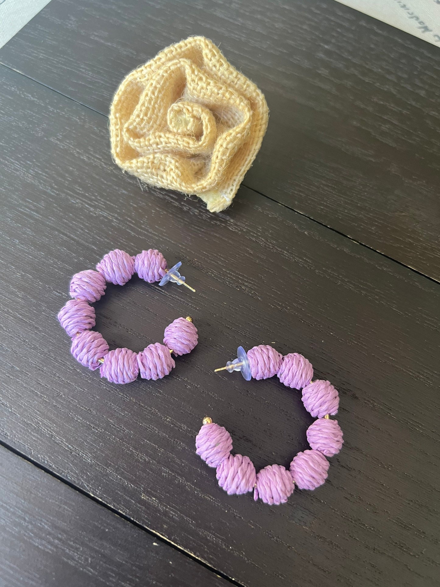 Lavender hoop earrings Statement rafia earrings Fall fashion Wearable art Artsy gifts One of a kind earrings Cruise wear Hypoallergenic