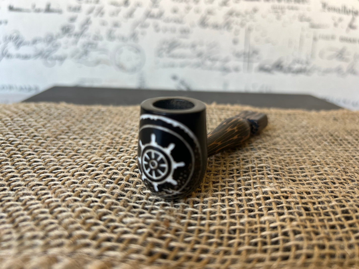 Ship wheel smoking pipe Handcrafted smoking bowl Handmade tagua nut and wood One of a kind tribal hand pipe Ceremonial ritual Marines gifts