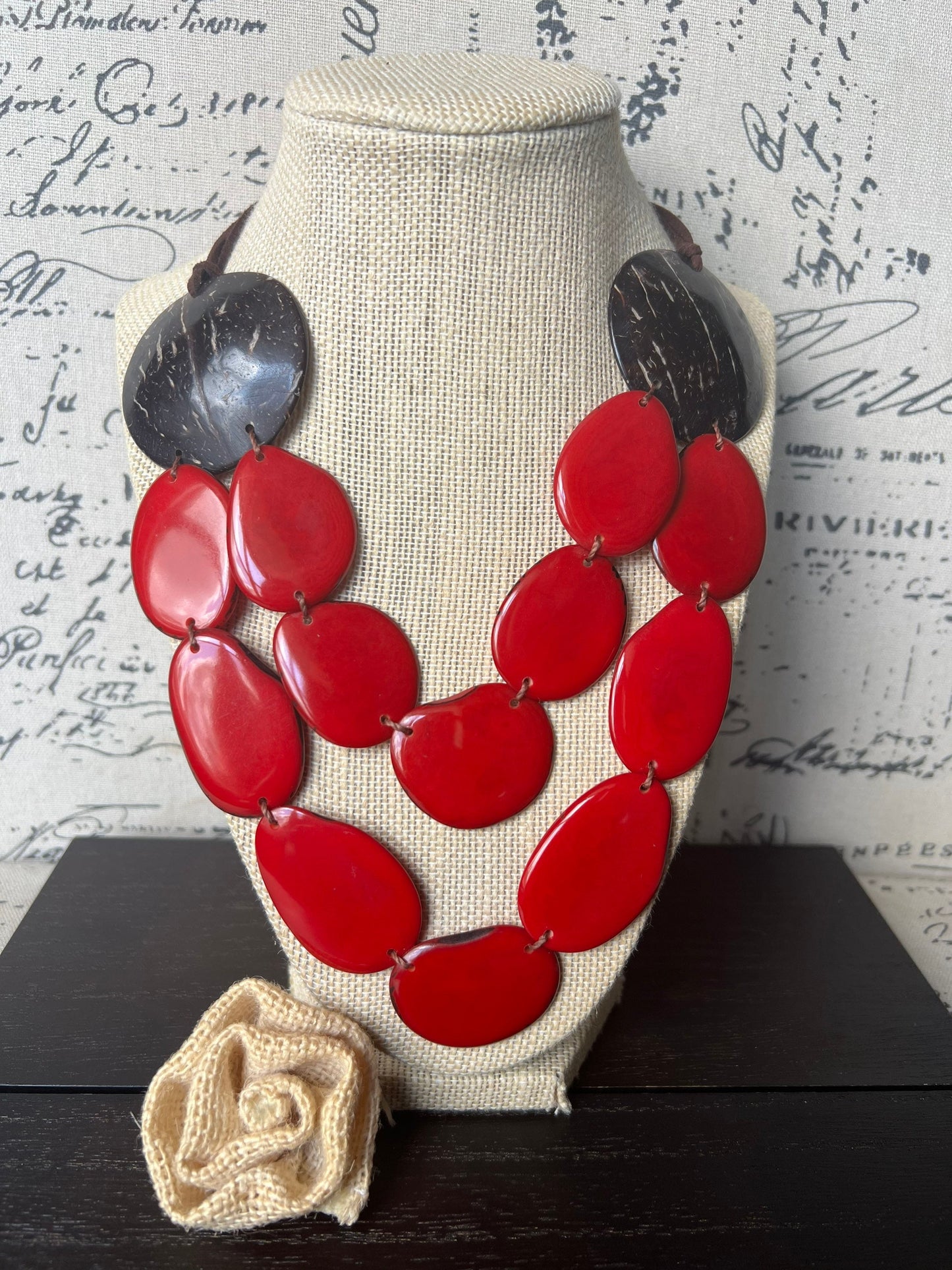 Red statement necklace Tagua jewelry with coconut shell accent Big bold chunky necklace Xmas fashion trends Double layer bib Lightweight