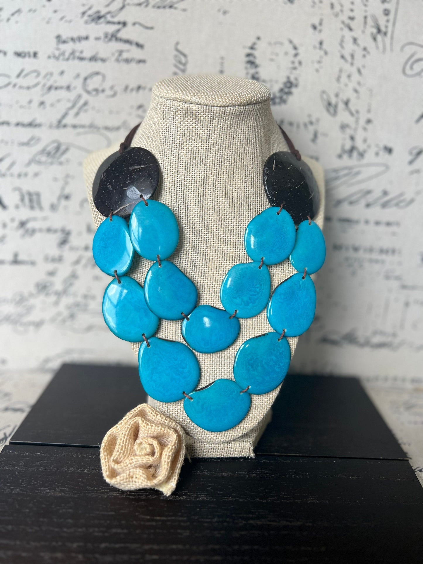 Turquoise blue statement necklace Tagua jewelry with coconut shell accent Big bold chunky necklace Beach fashion Double layer Lightweight