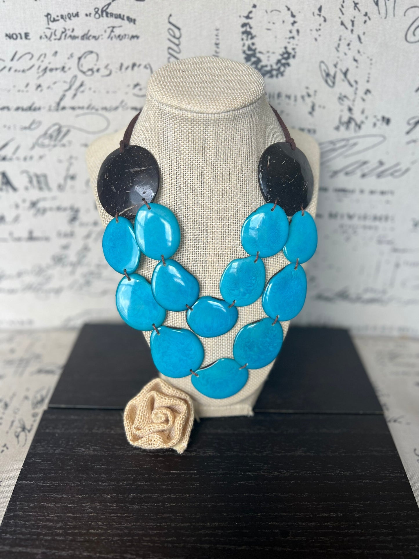 Turquoise blue statement necklace Tagua jewelry with coconut shell accent Big bold chunky necklace Beach fashion Double layer Lightweight