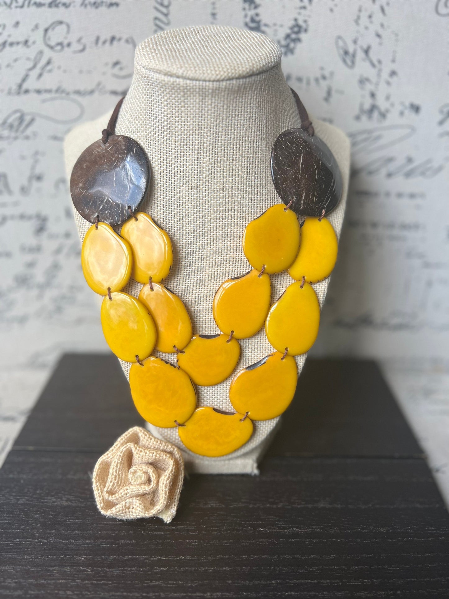 Yellow statement necklace Tagua jewelry with coconut shell accent Big bold chunky necklace Fall fashion trends Double layer bib Lightweight