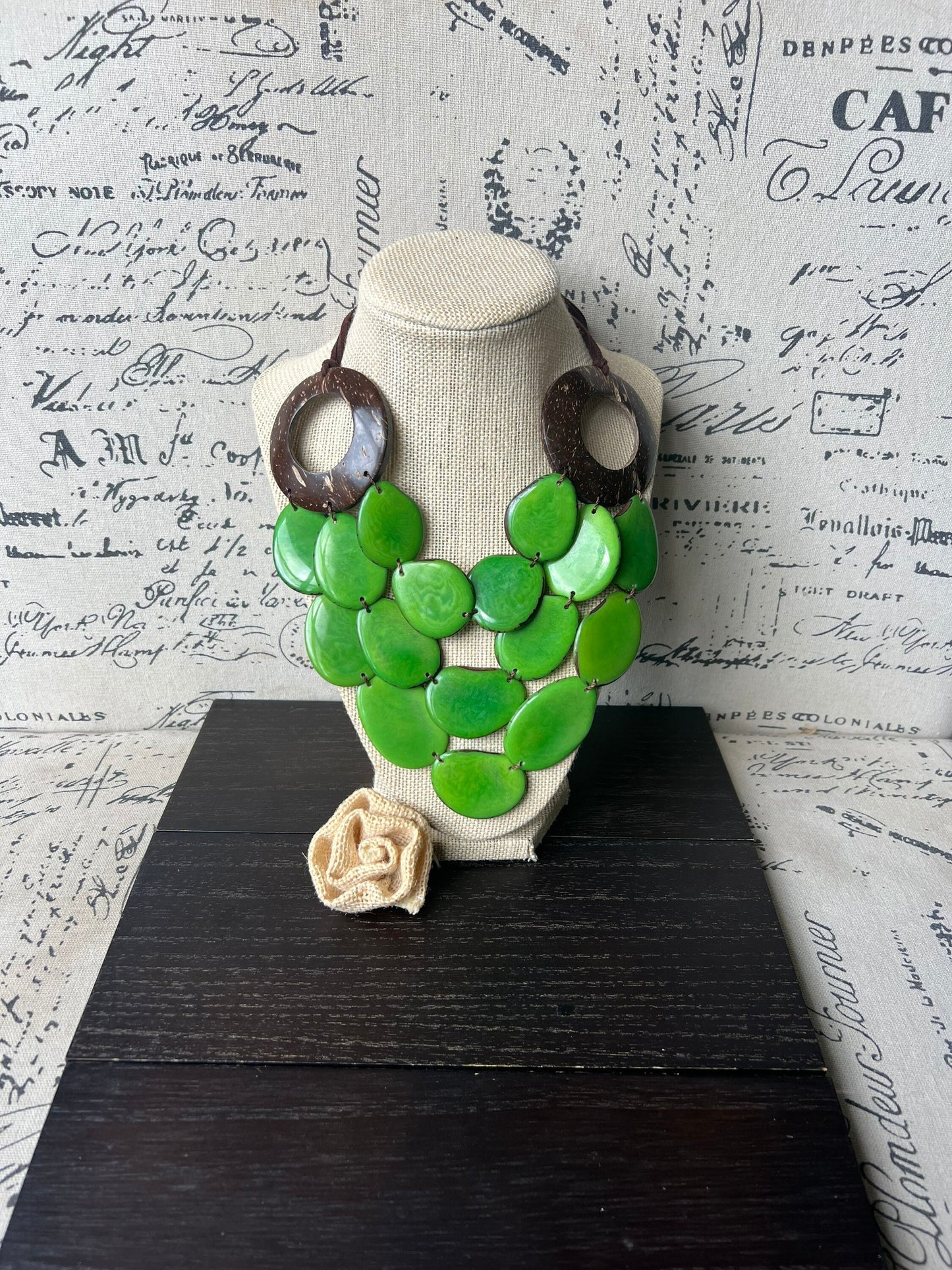 Green statement necklace with coconut shell accents Tagua jewelry Fall fashion 2025s Wearable art Multi layer necklace Adjustable cord