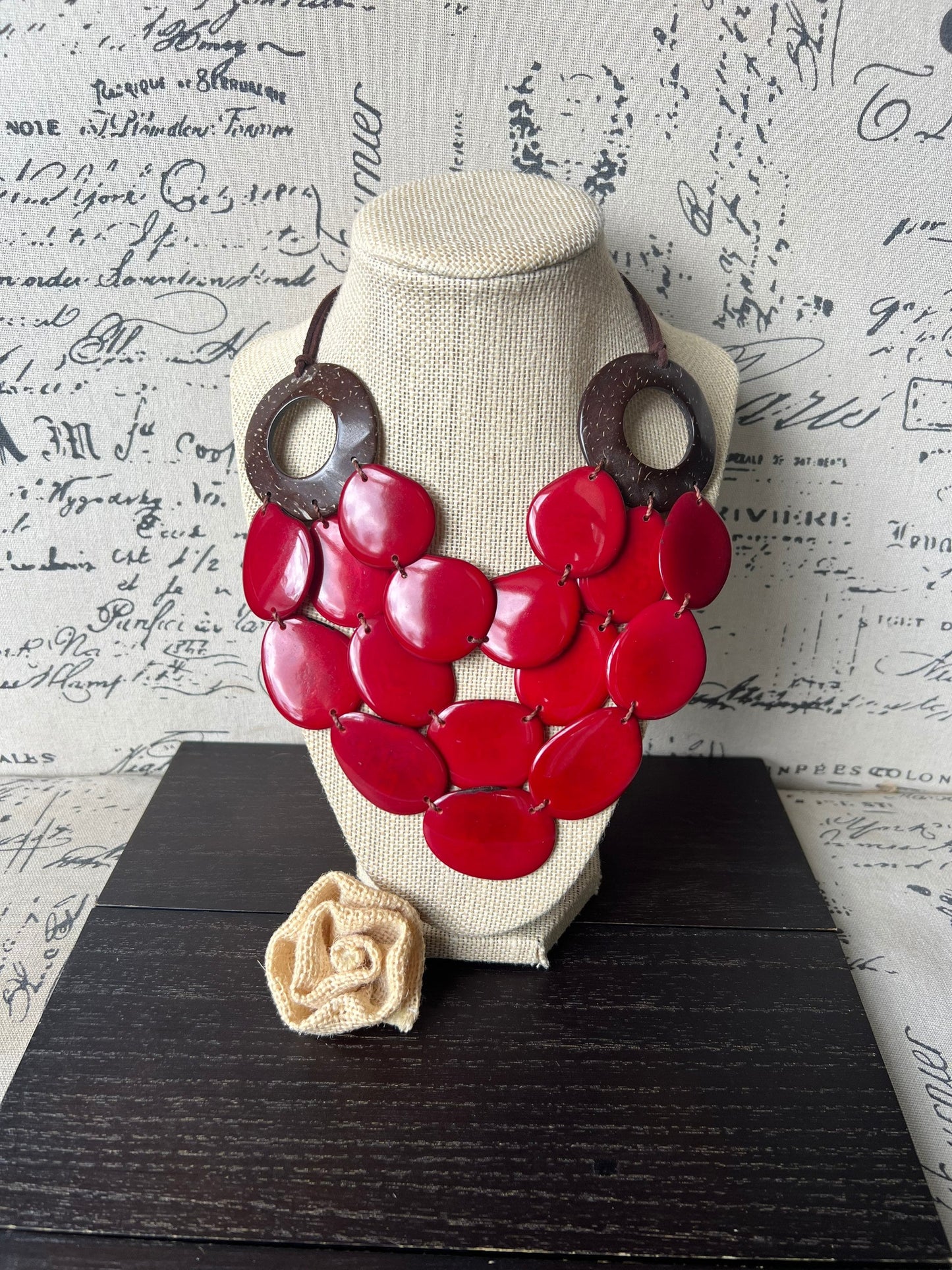 Red Tagua necklace with coconut shell accent Statement necklace Layered beaded bib with leather strap Big bold chunky necklace Gift for wife