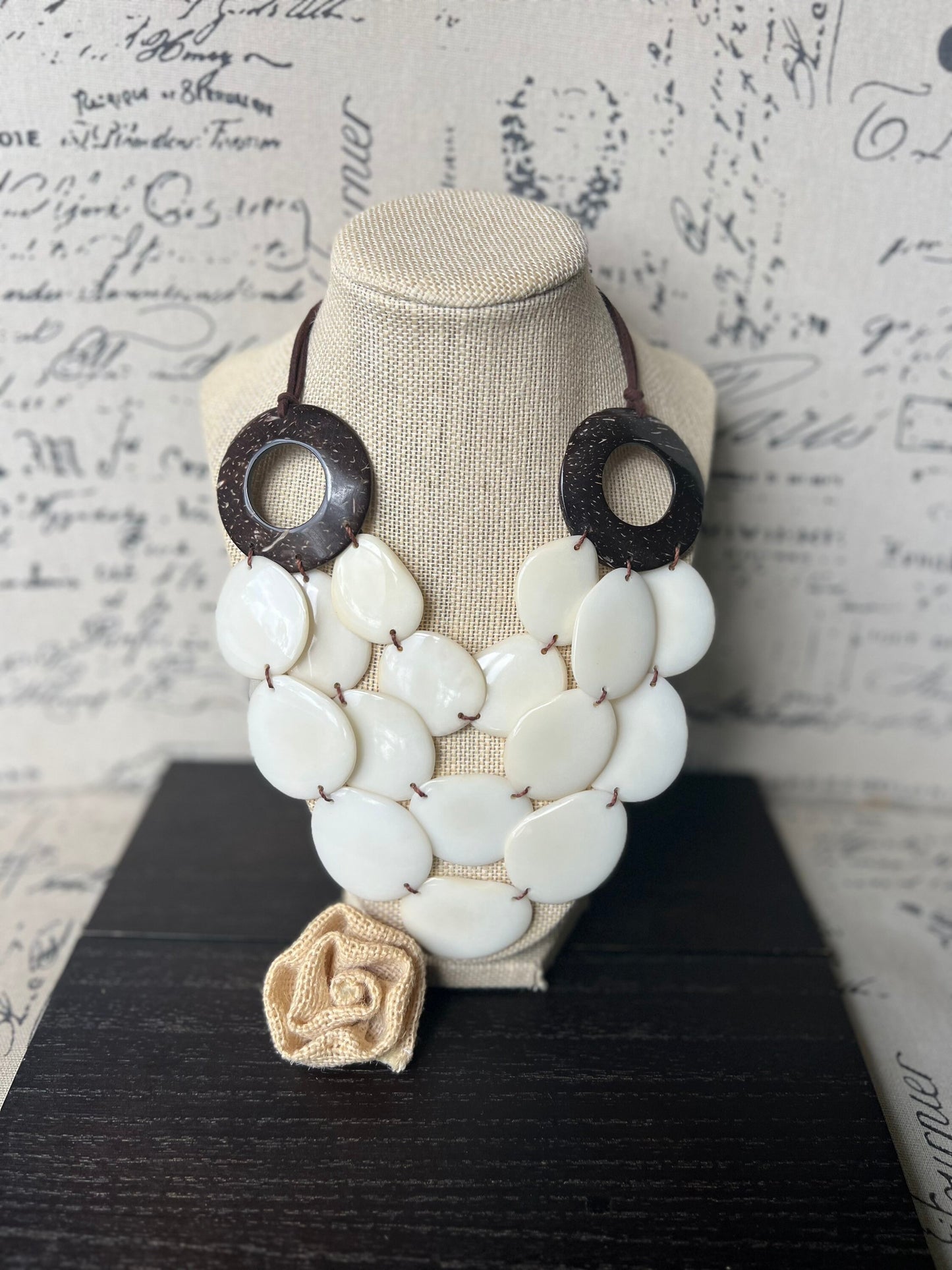 Ivory White statement necklace with coconut shell accent Adjustable cord 14 year wedding anniversary gift for wife Wearable art Fall trend