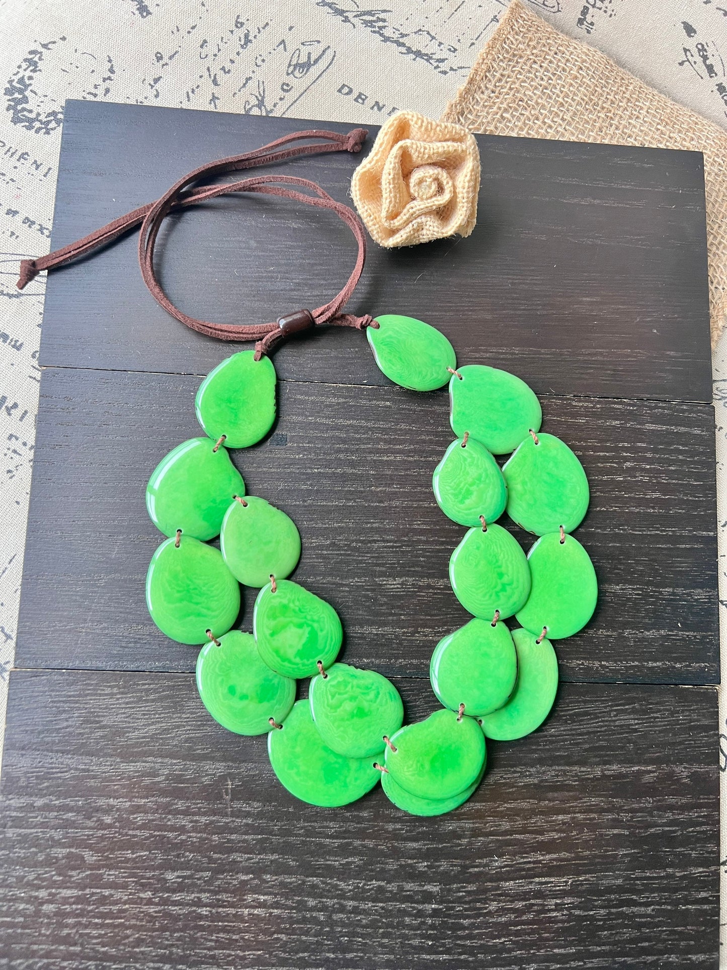 Green statement necklace Tagua jewelry Double layer bib Big bold chunky necklace 2 Two strands adjustable length Cruise beach wear for women