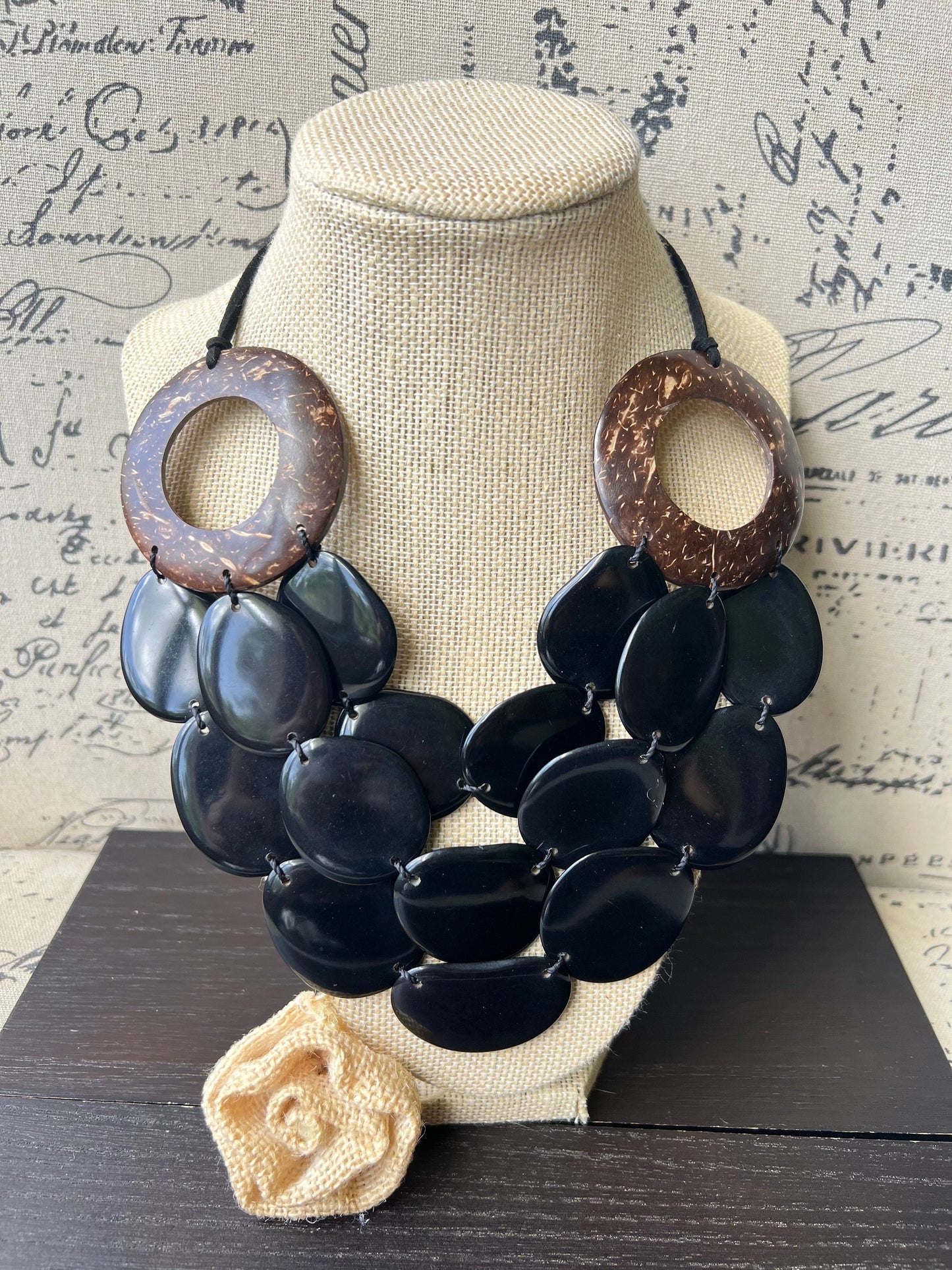 Black Tagua necklace with coconut shell accents Statement necklacewith Mukti layer necklace Adjustable cord Big bold chunky necklace