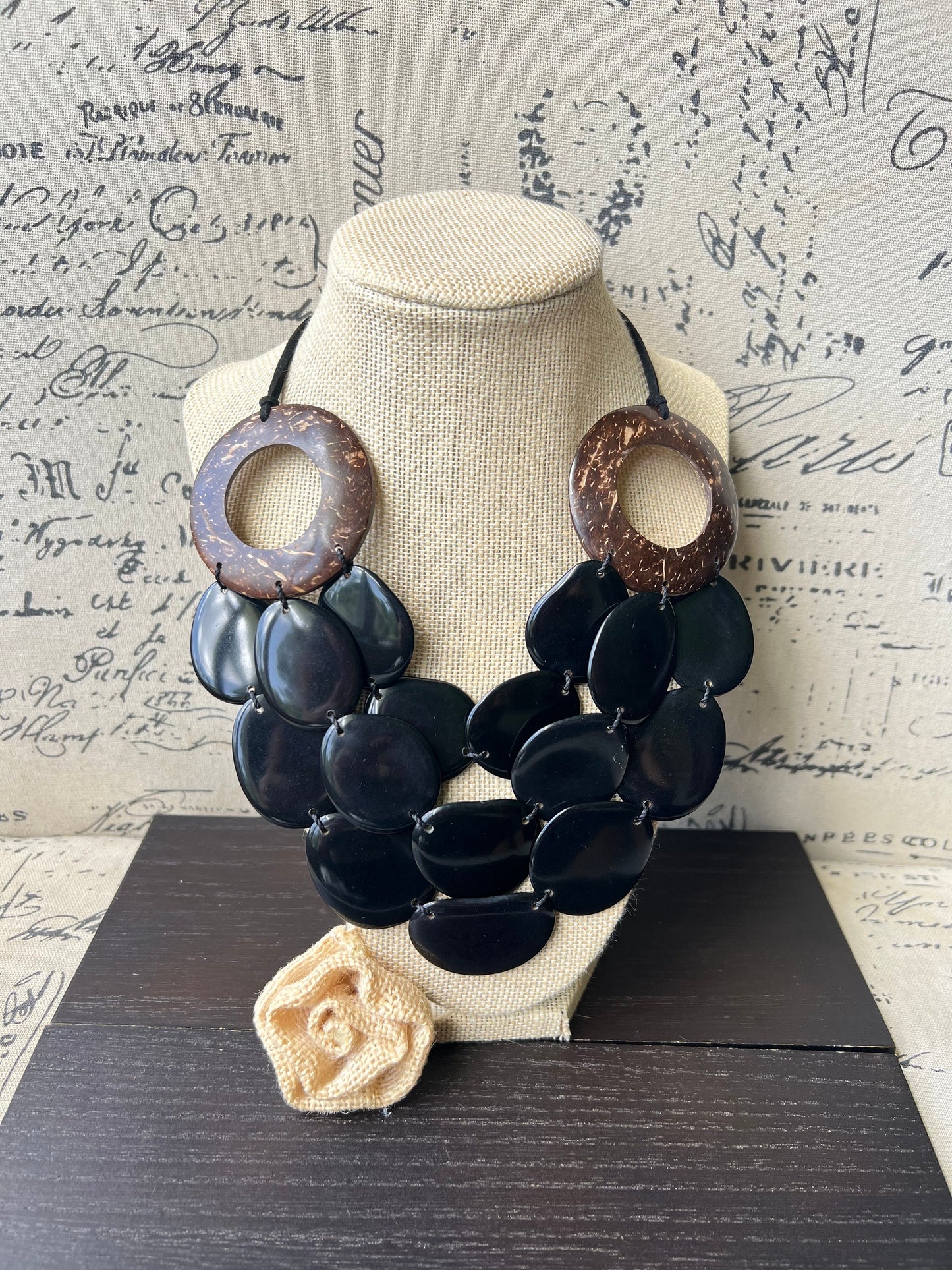 Black Tagua necklace with coconut shell accents Statement necklacewith Mukti layer necklace Adjustable cord Big bold chunky necklace