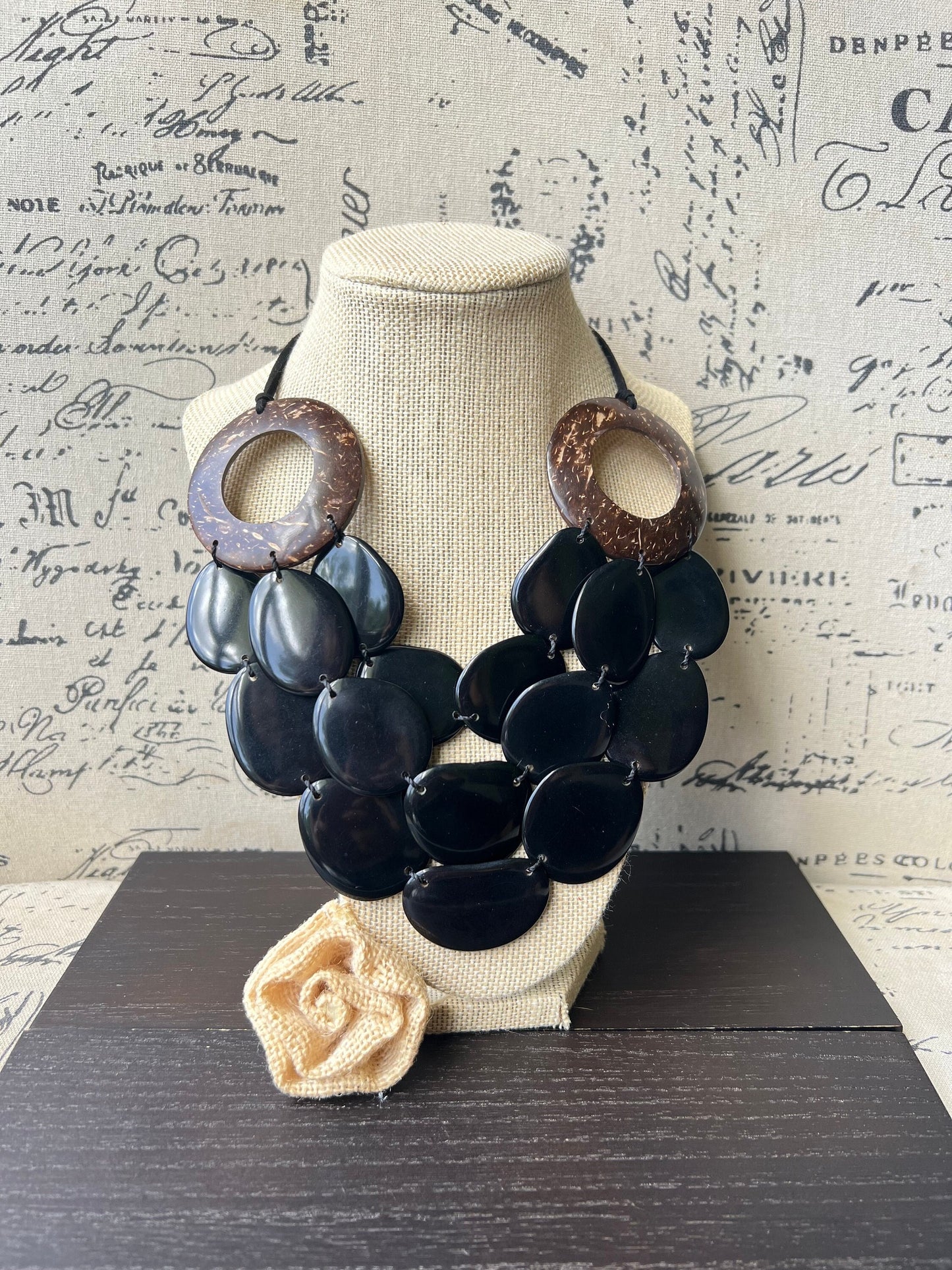 Black Tagua necklace with coconut shell accents Statement necklacewith Mukti layer necklace Adjustable cord Big bold chunky necklace
