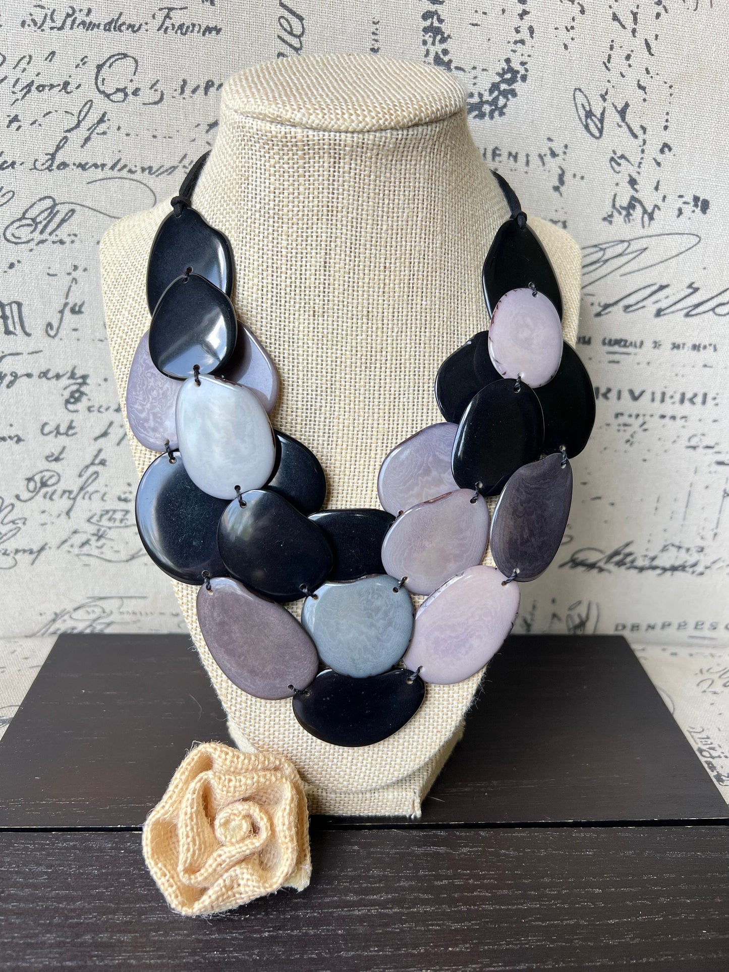 Black and gray Tagua necklace Statement necklace Layered beaded necklace with leather strap Big bold chunky necklace Multi strand bib
