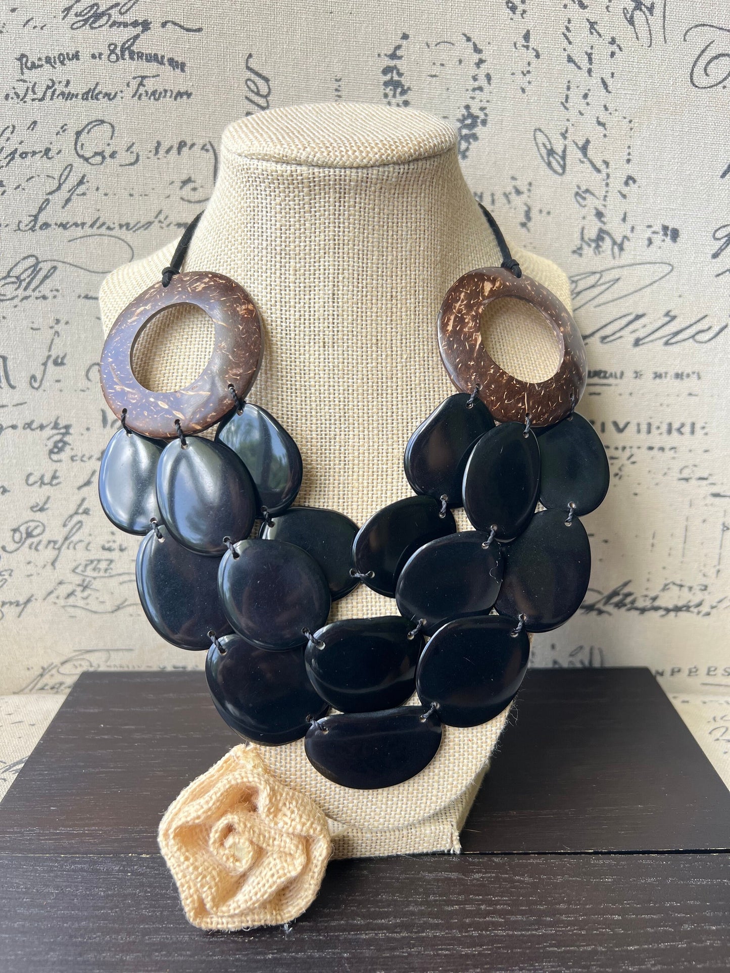 Black Tagua necklace with coconut shell accents Statement necklacewith Mukti layer necklace Adjustable cord Big bold chunky necklace