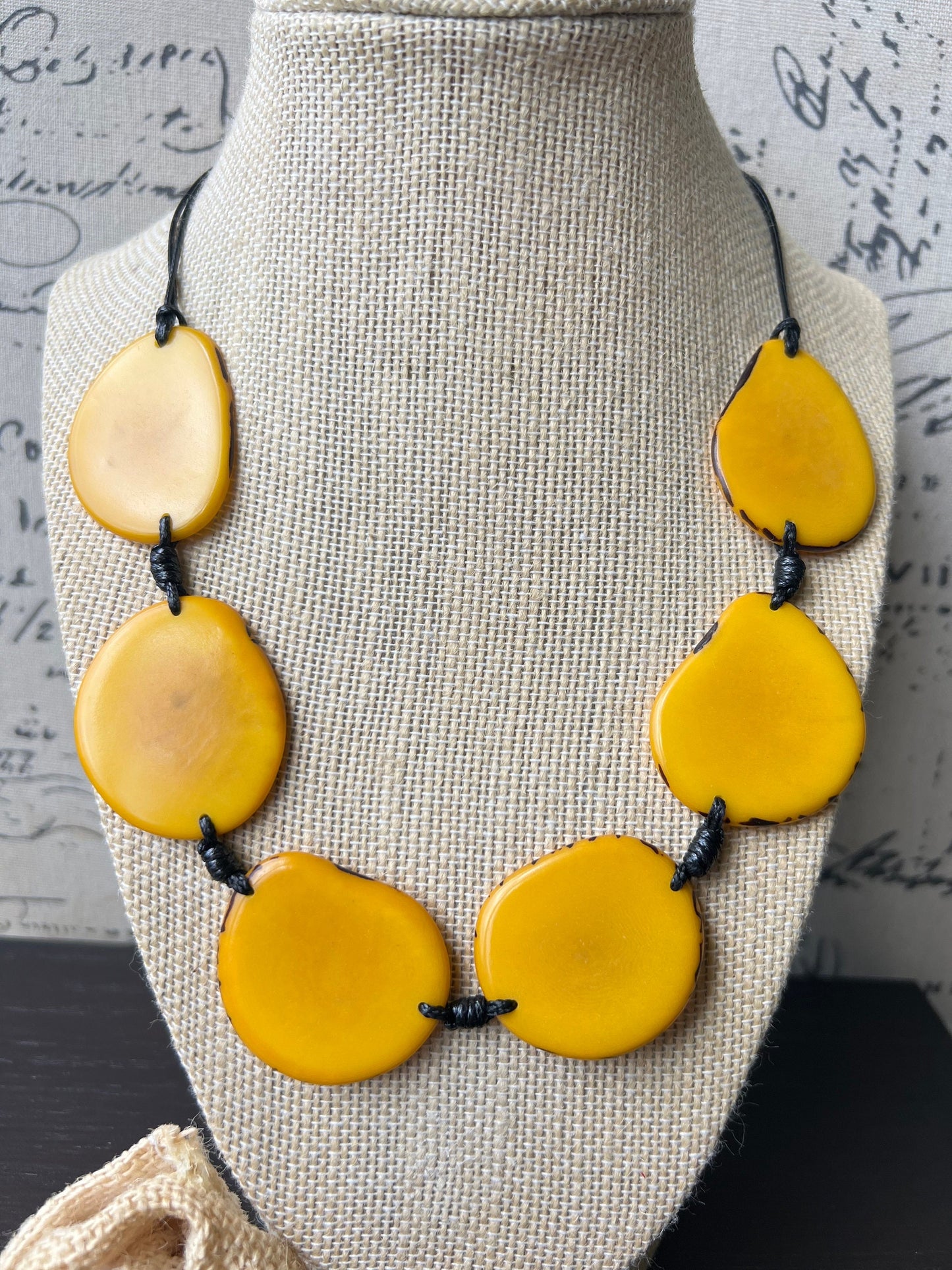Yellow single strand necklace Simple Tagua necklace Fall fashion trend Beaded handmade with adjustable straps Unusual lightweight collar